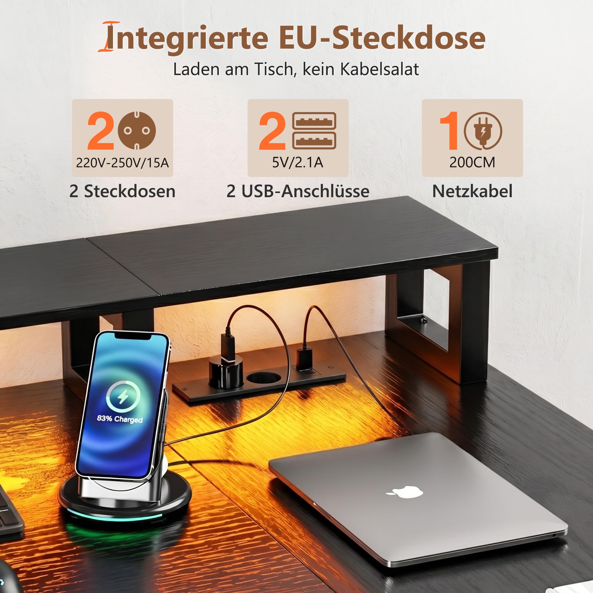YOUDENOVA Schreibtisch L Form mit Schubladen, 150x80cm Eckschreibtisch mit LED & Steckdose & USB, Reversibel Gaming Tisch mit Monitorständer, Stauraum, Computertisch für Homeoffice & Gaming, Schwarz