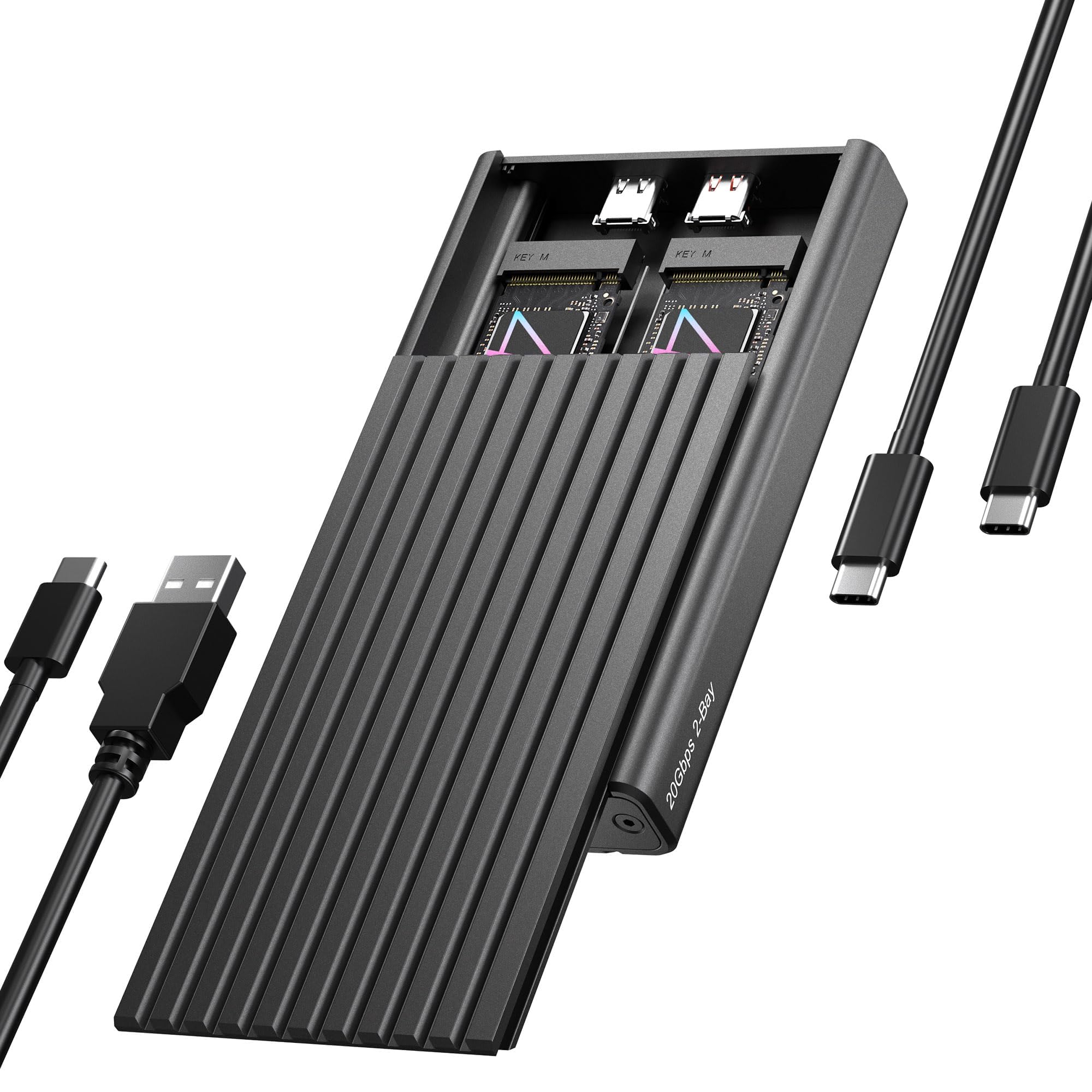 Dual M.2 NVMe SSD Enclosure, ICY BOX 20Gbps NVMe Enclosure, USB C to M2 Adapter for M Key PCIe 2230/2242/2260/2280 M.2 SSDs, Dual Bay Tool-Free Installation Aluminum SSDs Reader