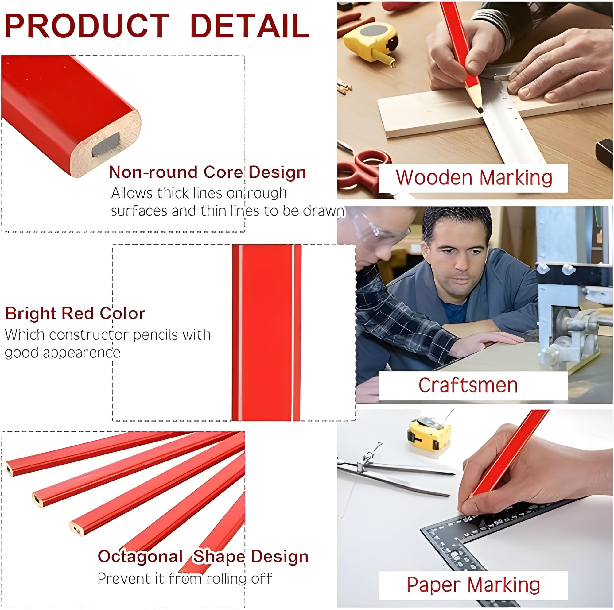 Bexter Carpenter Pencil Set with Sharpeners – 20 Red Flat Woodworking Marking Tools + 2 Sharpeners for Construction, Carpentry, Framing & DIY — Amazon image 5