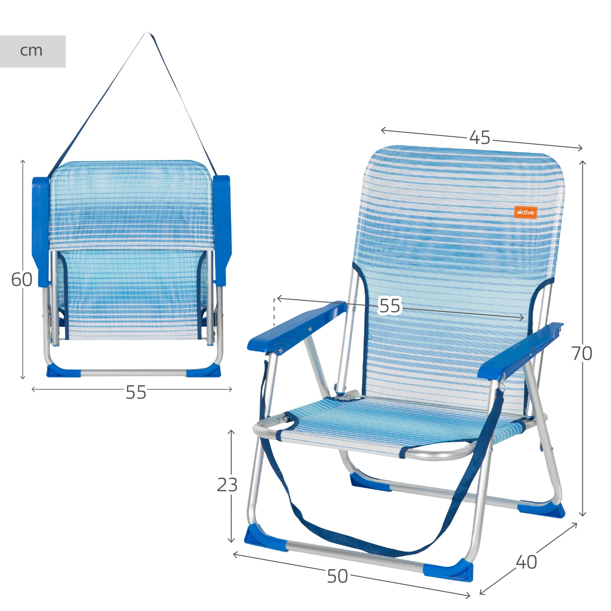 AKTIVE Silla playa plegable, Azul rayas, 45x40x70 cm, Incorpora topes antivuelco, Asa de hombro, Soporta 110 kg, Asiento bajo, Estructura aluminio, Tejido textileno, Reposabrazos plástico (62670)
