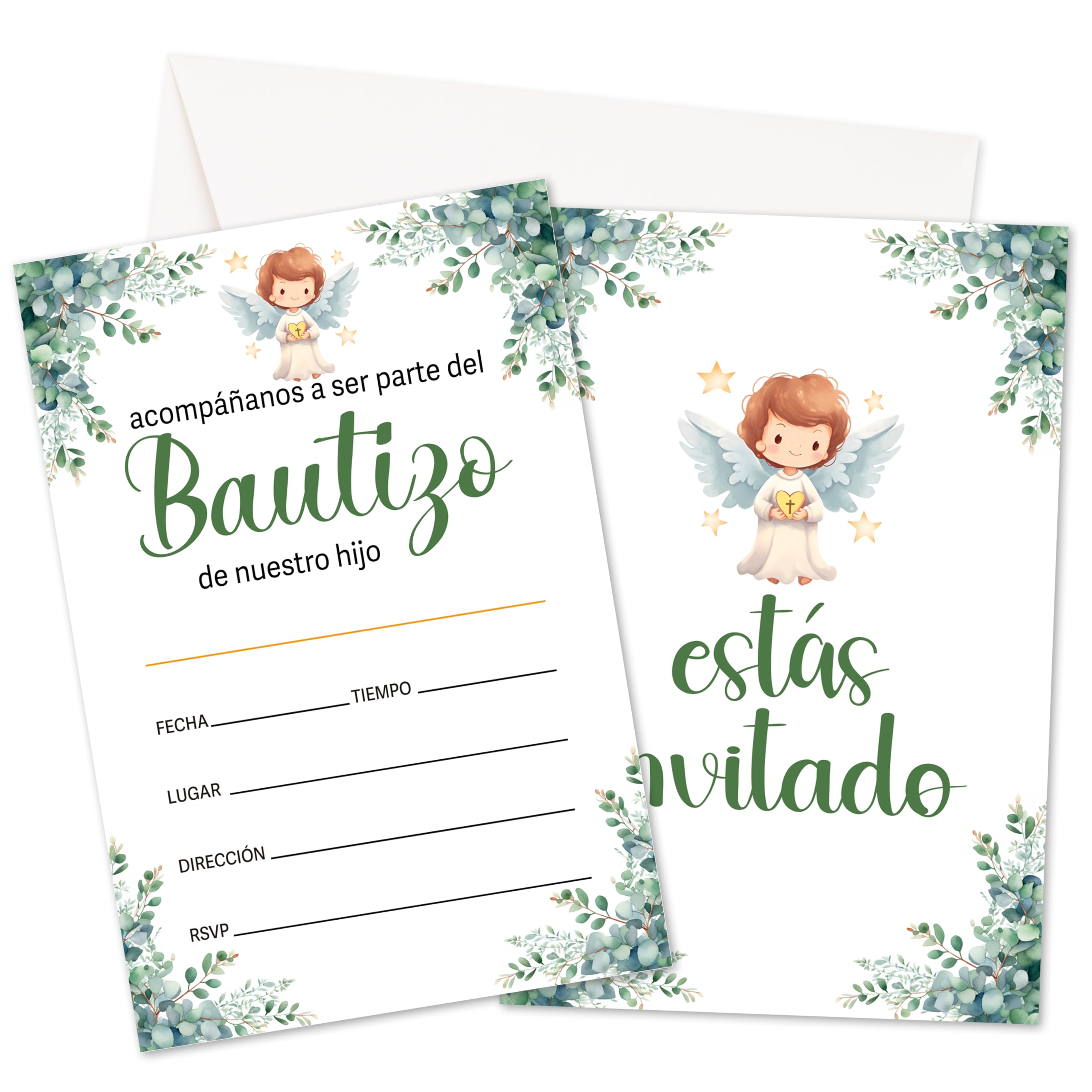 Baptism Invitations, Greenery Bautizo Invitations With Envelopes For Boys, First Communion Christening Religious Party Decorations Supplies, Baby