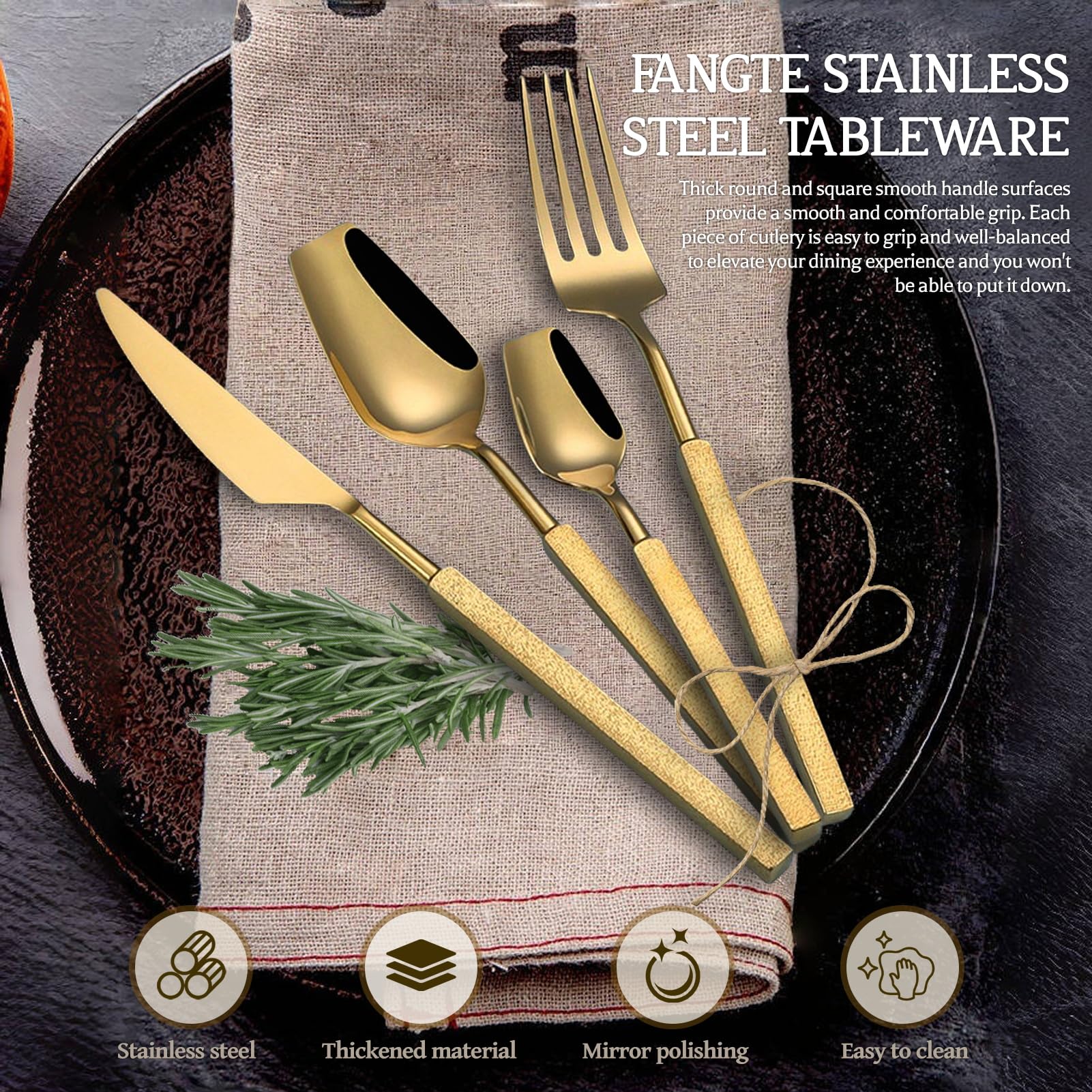 Besteckset Besteck Set 18/10 Edelstahl, Quadratischer Griff, Spiegel Poliert, Elegant Langlebig Geschirr Für Zuhause, Hotel, Restaurant, Neues Haus (Gold,24pcs)