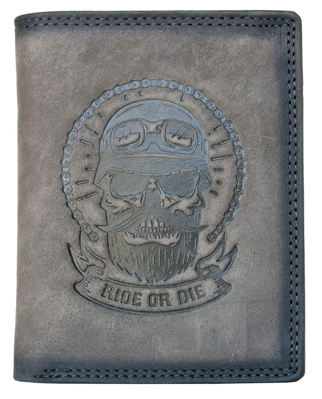 Grey Genuine Leather Wallet Ride or die with RFID (Data Protection) - Biker's Head Emboss