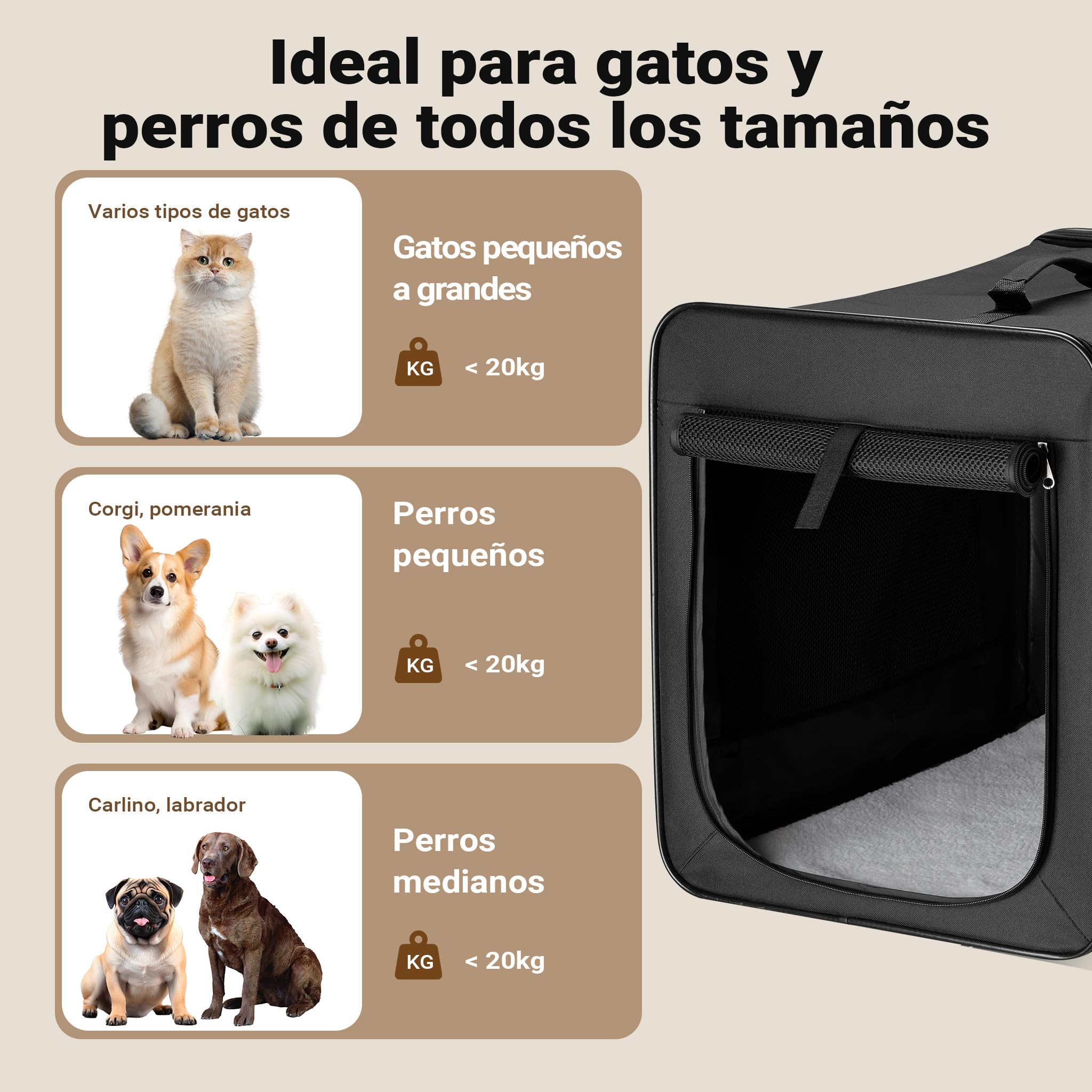 Wiltec Bolsa de Transporte Plegable Negra Mascotas Perro Gato, Talla XL (94x66x74cm), con cojín