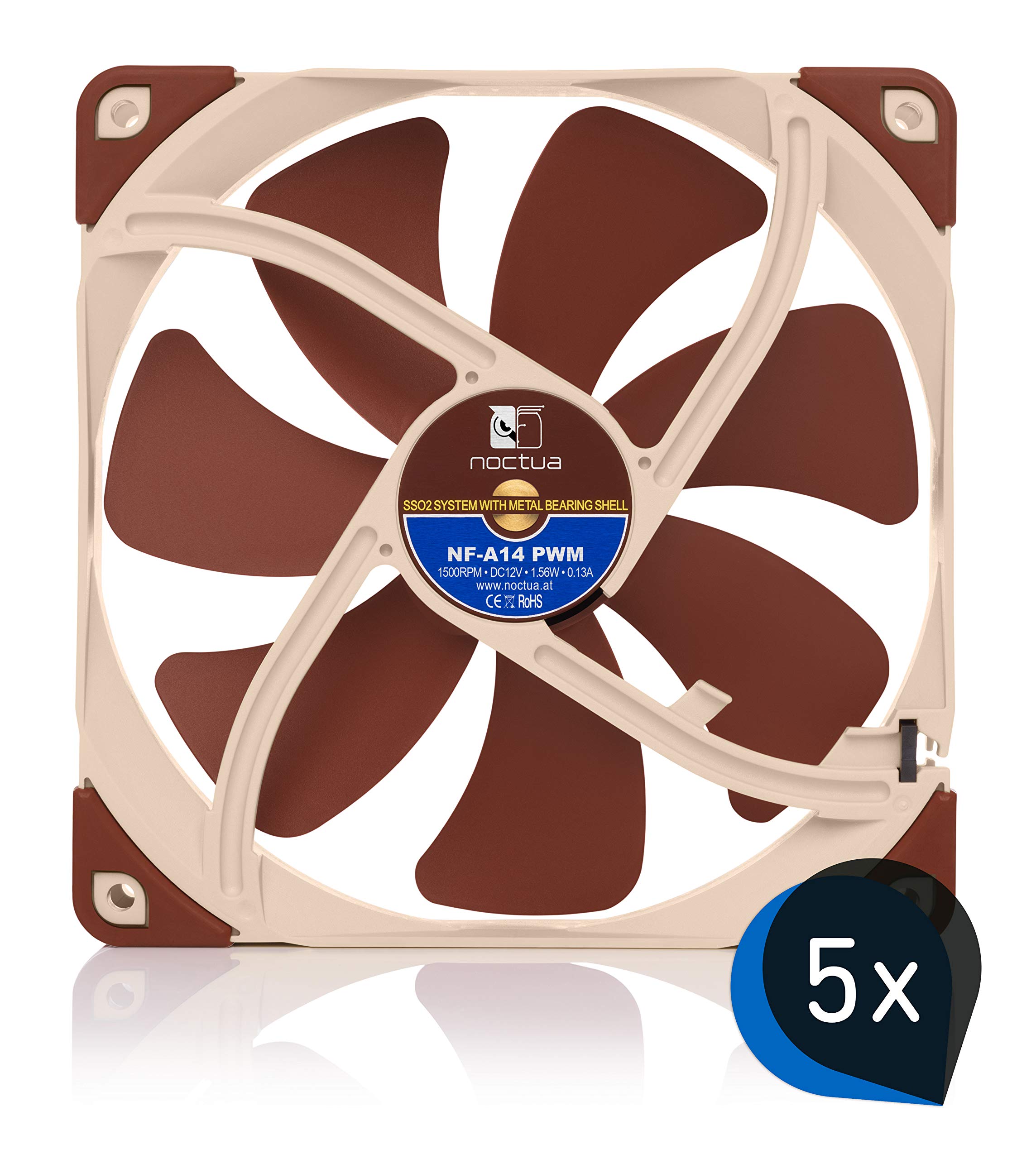 Noctua Paquete: 5x NF-A14 PWM, Ventilador Silencioso, 4 Pines (140 mm, Marrón)
