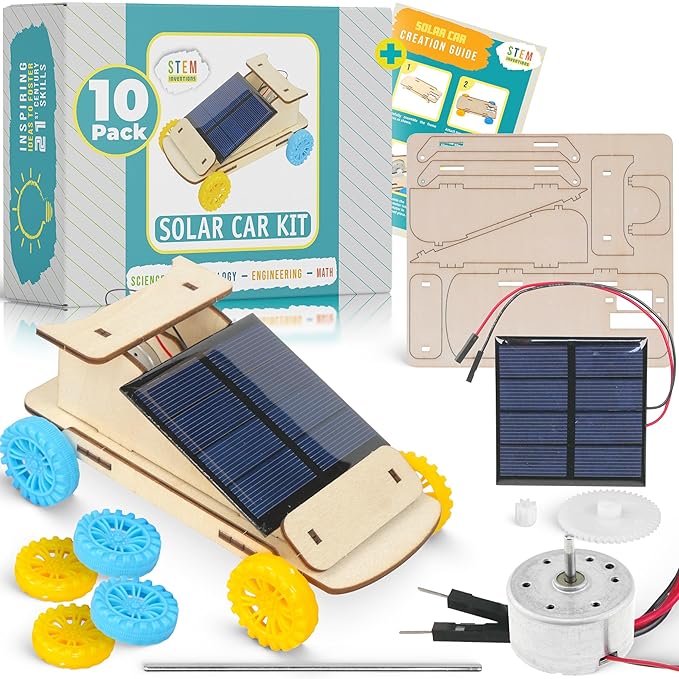Solar Powered Car Kit (10-Pack) – Build-Your-Own Wooden Solar Vehicles for Kids