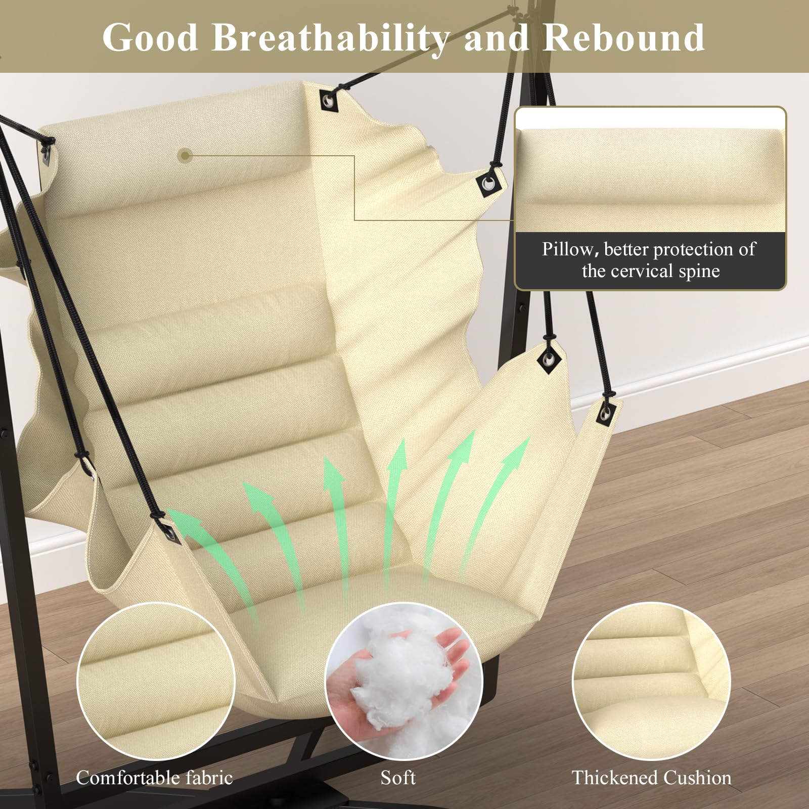 Hängesessel mit Gestell, Outdoor & Indoor Hängeschaukel, Hängestuhl 360° Drehung Hängesessel mit Gestell & Kissen, 180kg Traglast, für Wohnzimmer- Schlafzimmer, Garten Balkon Terrasse (Beige)