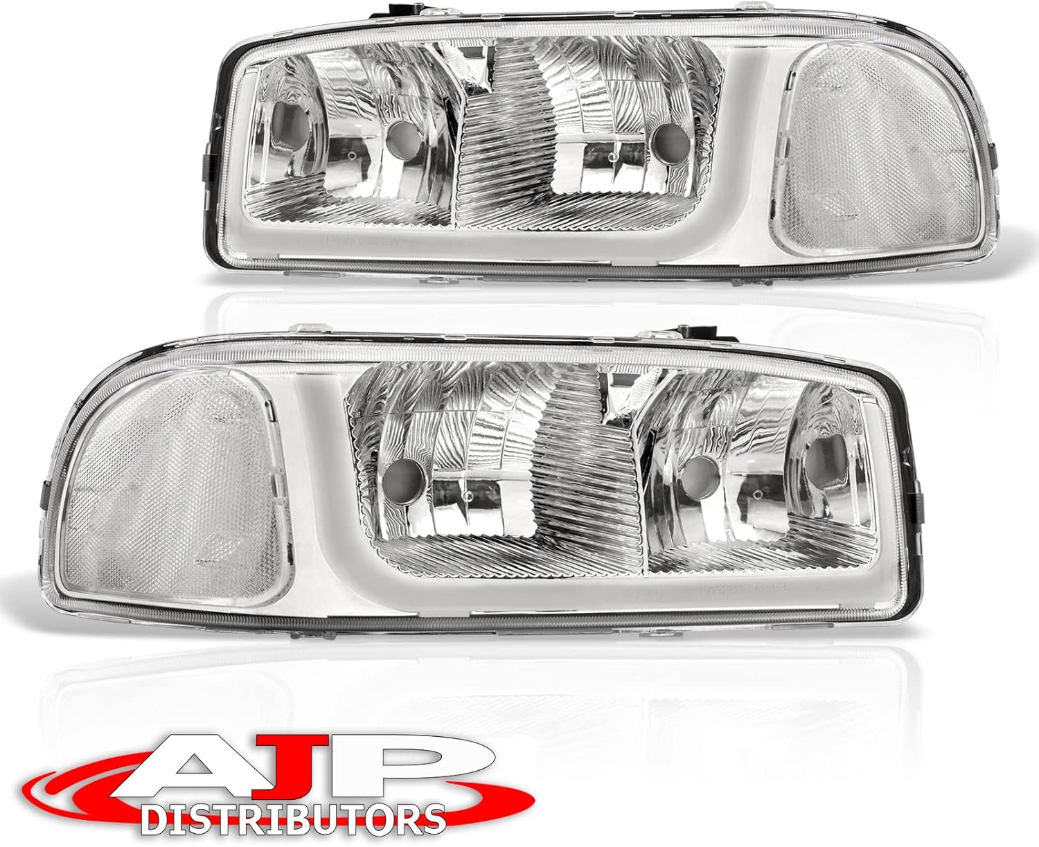 AJP Distributors Chrome Housing Clear Lens Corner LED DRL Tube Headlights Driving Signal Lamps Pair Compatible/Replacement For Sierra 1500 2500HD 3500 Yukon XL 1999 2000 2001 2002 2003 2004 2005 2006