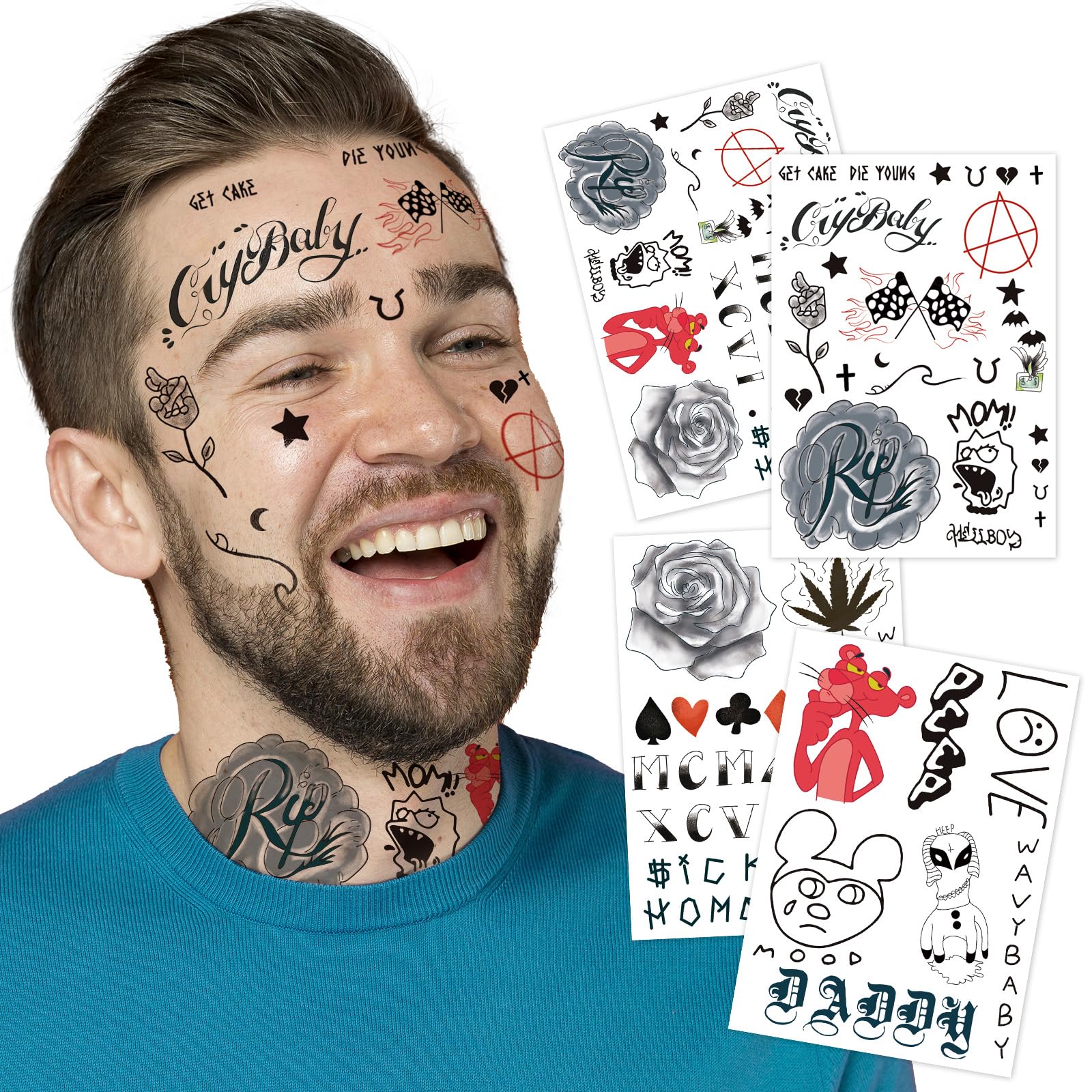 Kotbs Rapper Temporary Tattoos 4-Sheet - Waterproof Hip-Hop Face & Body Art