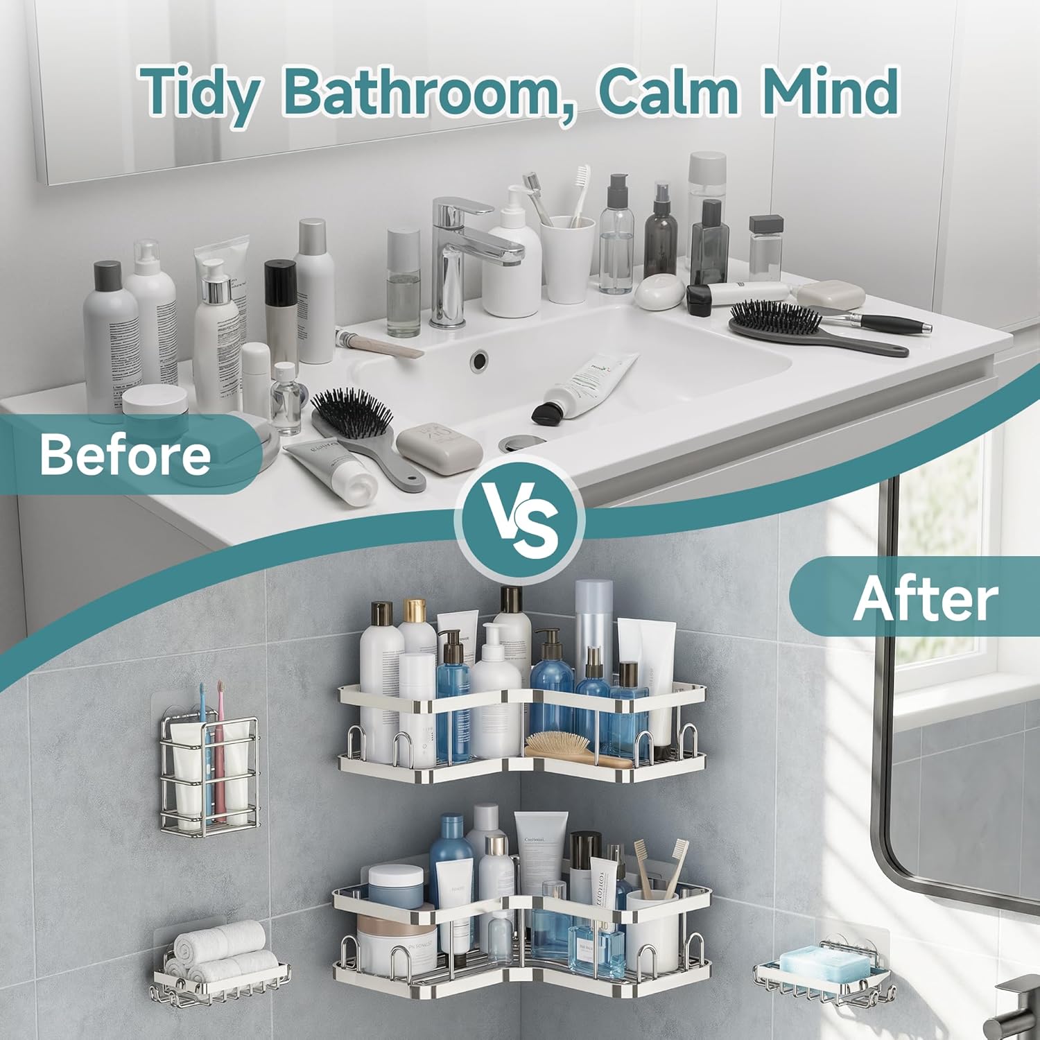 Veken Corner Shower Caddy 5-Pack, Advanced Rustproof Design, No Drilling Adhesive Shelves, Rack with Soap Holder, Large Capacity Bathroom Organizers and Storage, Wall-Mounted Kitchen&Home Decor,Silver