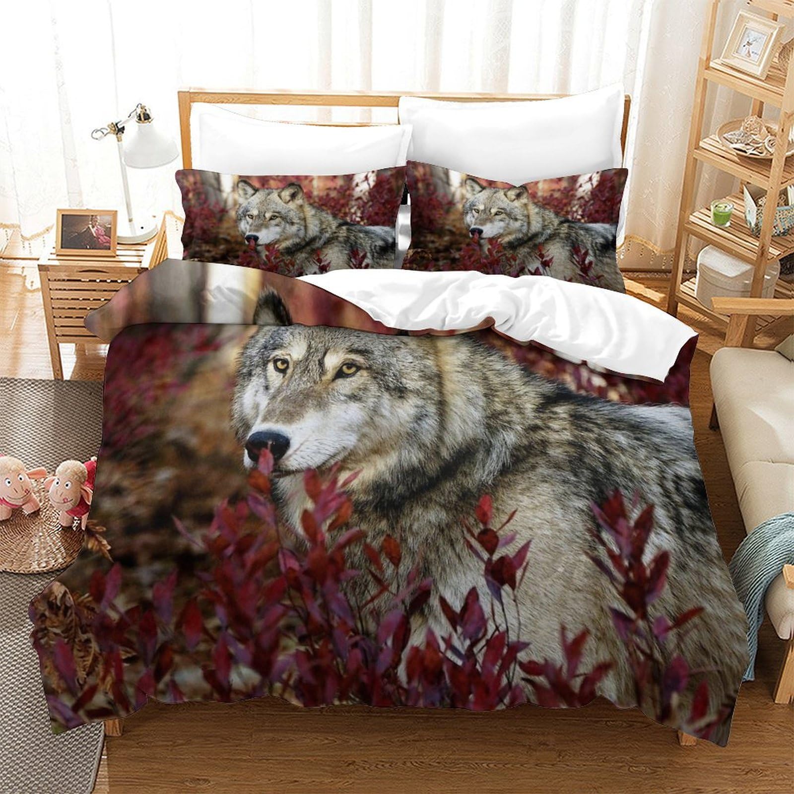 Housses de couettes 200x200 anti-transpiration motif loup 3D en microfibre douce
