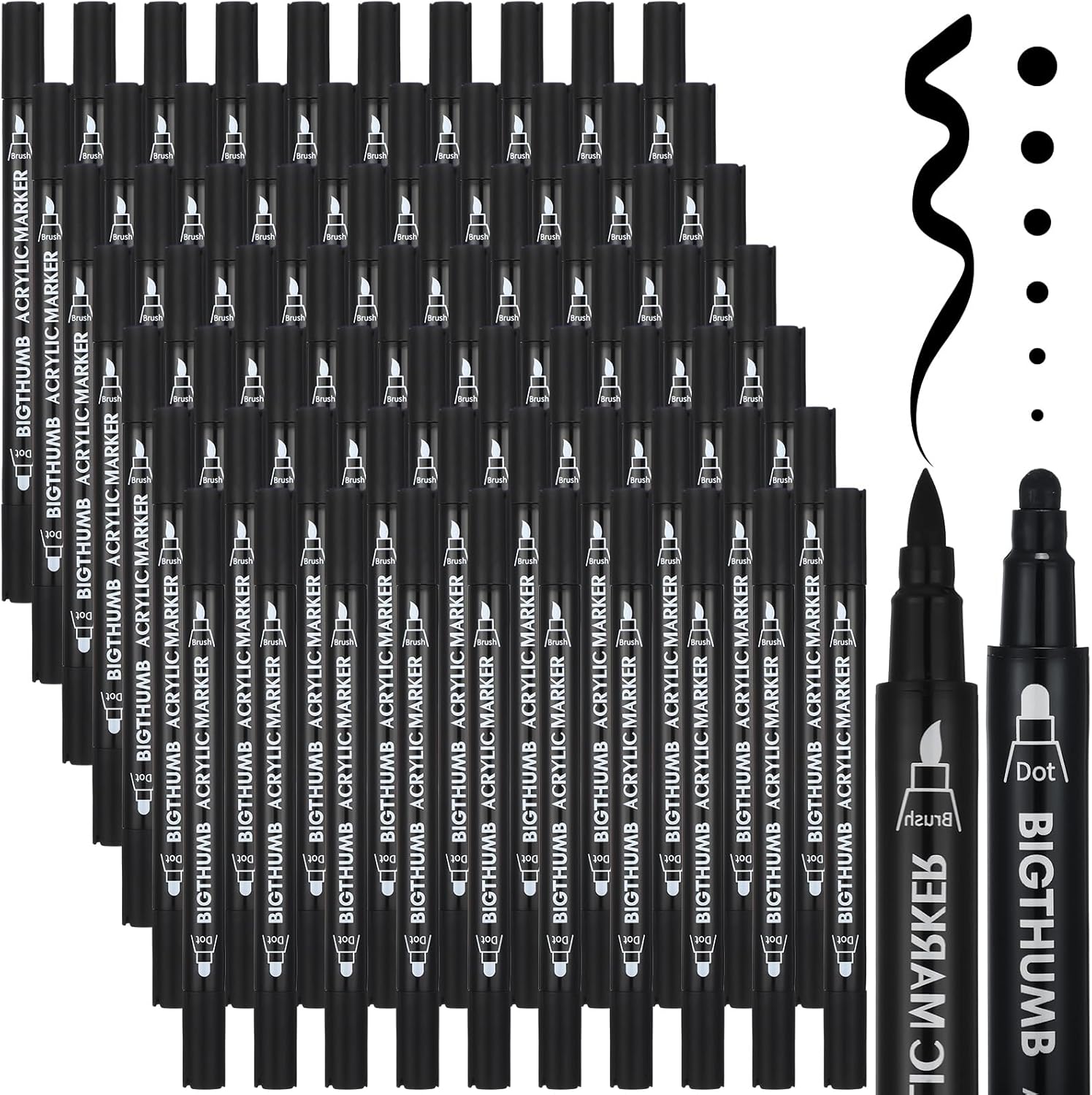 72 Pcs Black Dual Tip Acrylic Paint Pens Markers, Brush and Fine Dual-tip Acrylic Marker Pens Bulk for Calligraphy Fabric Rock Glass Wood DIY Ideal for Crafts and Arts