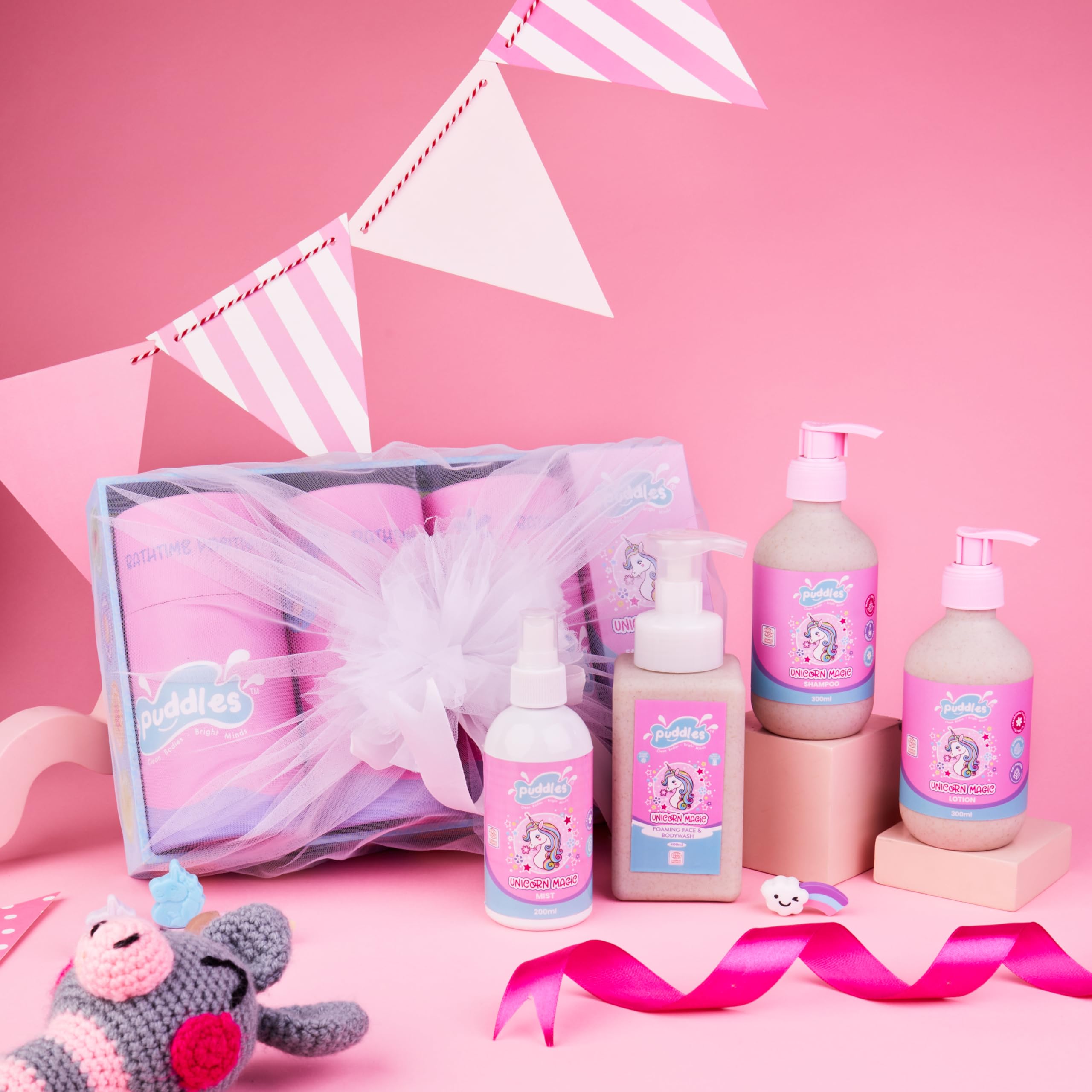 Puddles Organic Hamper For Kids | Set of 4 | Unircorn Magic - Age 2+ Years | Floral Essential Oils blend, Turmeric, Wheat protein Chamomile, Oat Protein, Almond Oil | Tear-Free, pH Balanced