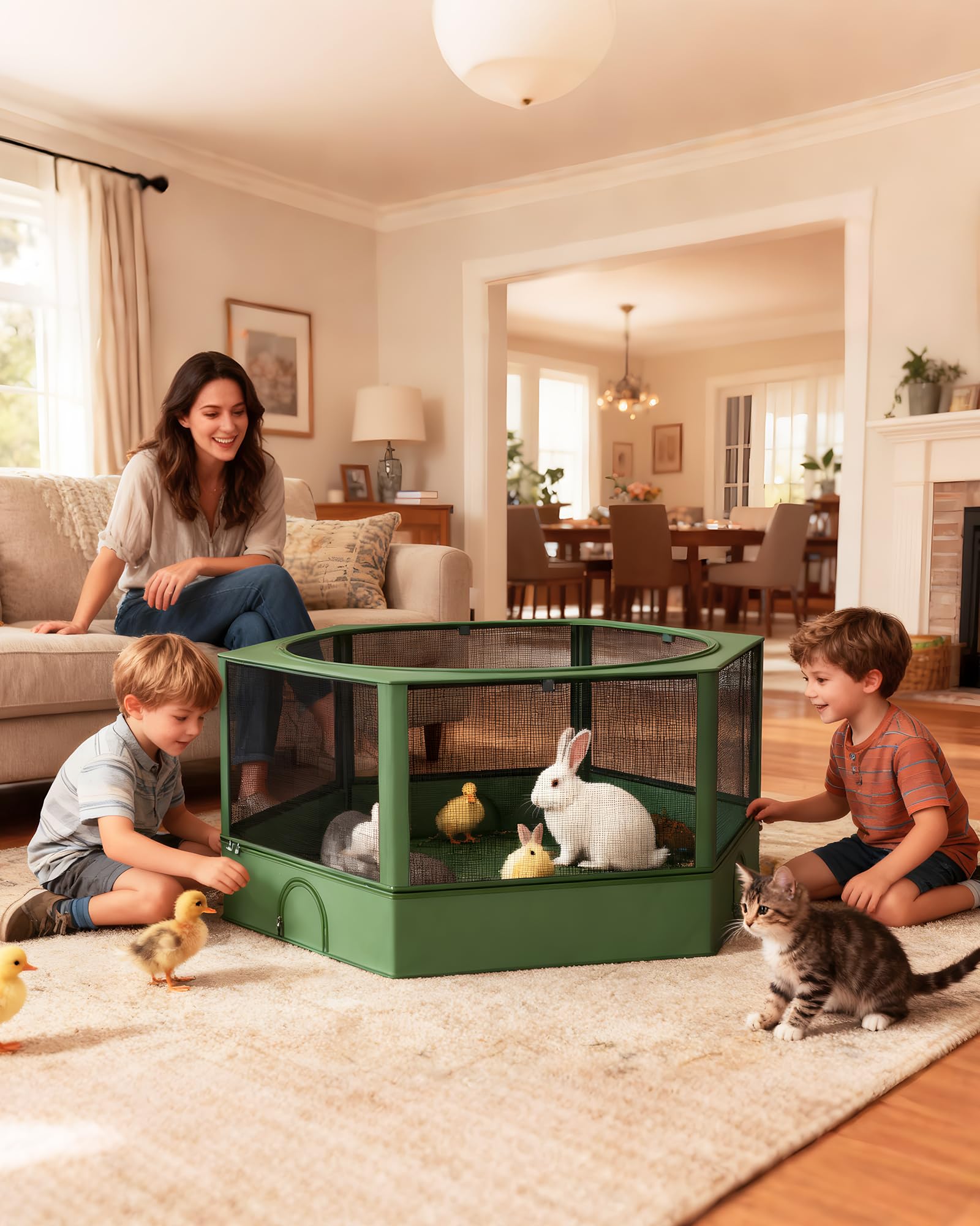 DINMO Kleintiergehege, Freigehege für Kaninchen Meerschweinchen, Haustier-Laufstall mit wasserdichtem Boden für Hamster, Kätzchen, Hühner, für innen und außen, grün und schwarz, 138 x 118 x 58 cm
