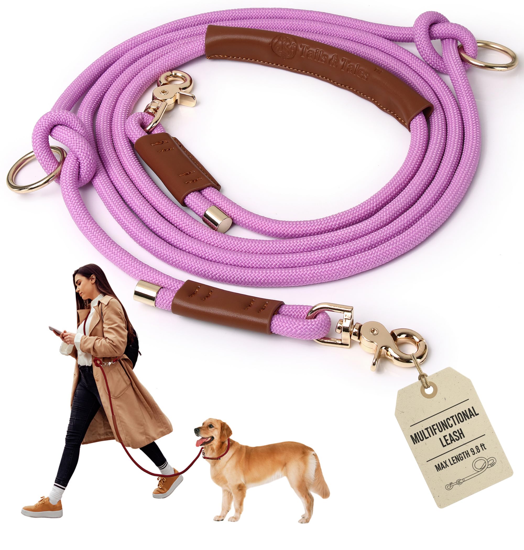 Tails & Tales Hands Free Dog Leash for Walking Running Training, Adjustable Lead Up to 9.8ft, Dogs Up to 125lbs, Crossbody, Dual Handle, Multifunctional, Double Attachment for 2 Dogs (Opera Mauve)