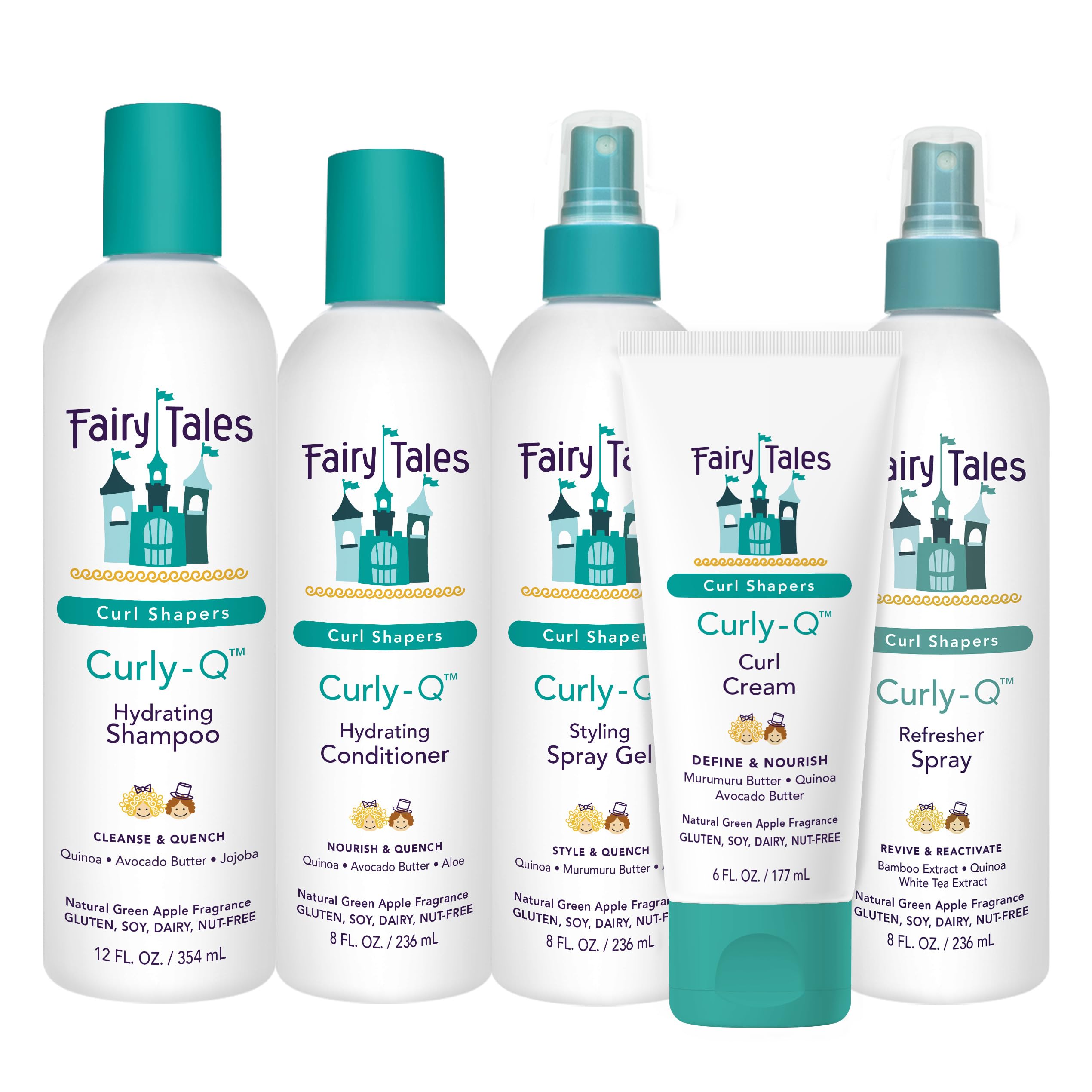 Fairy Tales Curly Q Kids Curly Hair Products Set – Curl Shampoo, Curl Conditioner, Curl Cream, Curl Refresher & Kids Styling Spray Gel – Phthalate, Paraben, Gluten Free, 5 Count