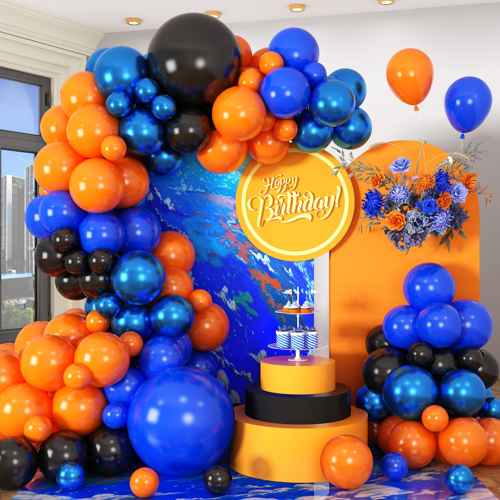 HILAVO Orange Blue Black Balloons Garland Arch Kit 112 Pcs Royal Navy Blue Black Orange Latex Helium Balloon for Graduation Cartoon Baby Shower