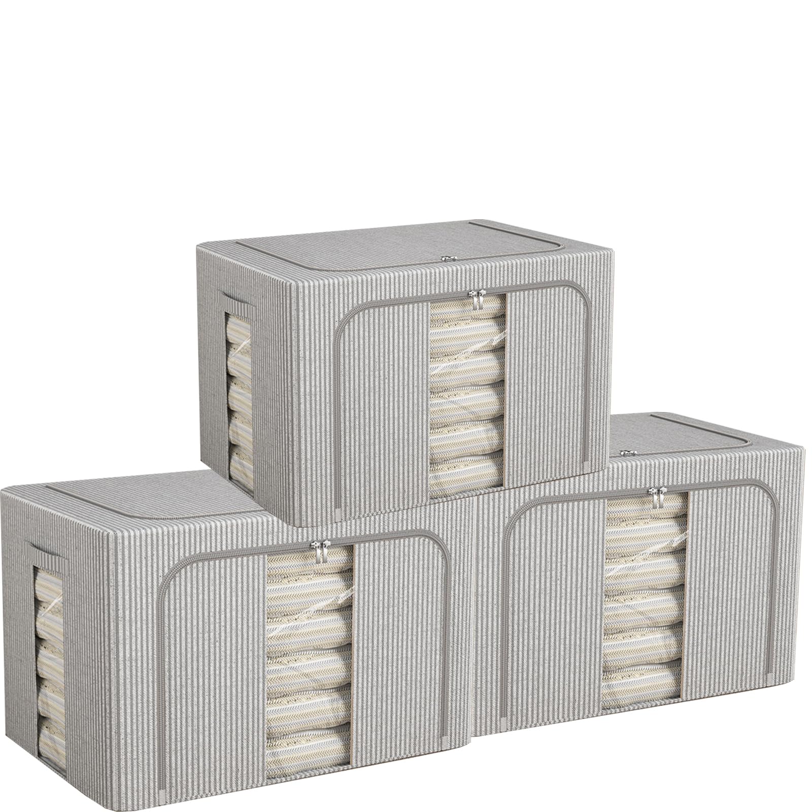 FYTXSZ Clothes Storage Boxes 66L with Metal Frame, Foldable Fabric Storage Bins with Lid and Clear Window, Stackable Organizer Box with Zipper and Handles for Closet, Bedroom (Stripes, 66L-3Pack)