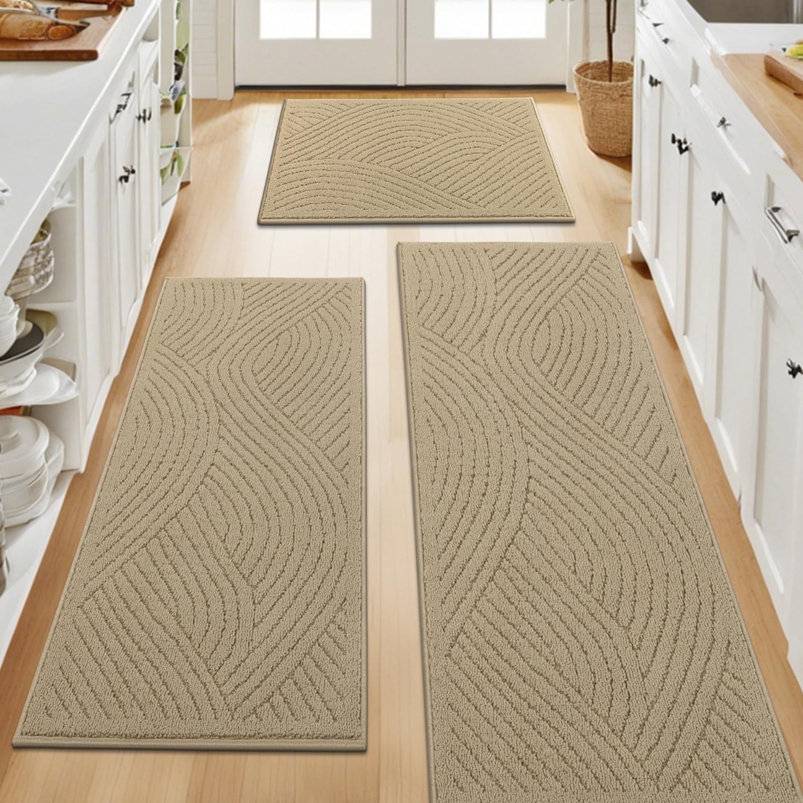 SHACOS Kitchen Rugs Sets of 3 Non Slip Washable Polypropylene Low Pile Absorbent Resist Dirt Kitchen Floor Mat 3 Piece for Entryway, Hallway, Front of Sink (24"x36"+24"x59"+24"x71", Waves Beige)