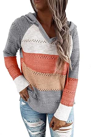 BLENCOT Women's Lightweight Color Block Hooded Sweaters Drawstring Hoodies Pullover Sweatshirts