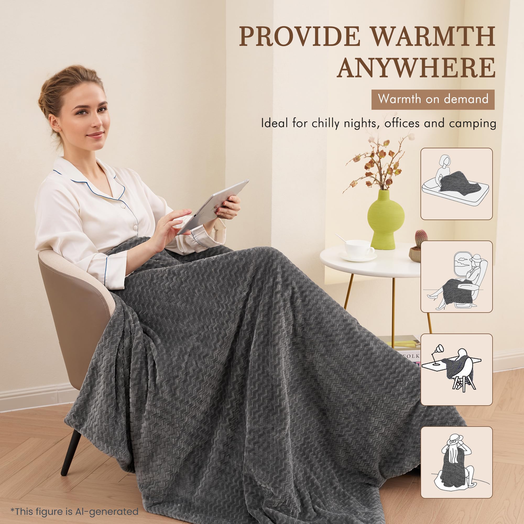 Manta Eléctrica Térmica de Franela con Patrón de Olas 130*180cm, Manta Eléctrica Grande con 6 Niveles de Calor y Apagado Automático 1-10H, Calefactora Lavable a Máquina para Sofá Cama Oficina (Gris)