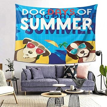 Amazon Co Jp Rosecny タペストリー インテリア 壁掛け 日光浴の子犬犬のかわいいコミック漫画イラスト夏のテキストの日 壁飾り 家 リビングルーム ベッドルーム 部屋 おしゃれ飾り 0ｘ150cm ホーム キッチン