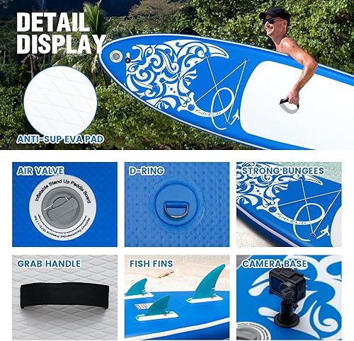 Vista 17 de FEATH-R-LITE Inflatable Paddle Board Stand Up Paddleboards for Adults SUP with Premium Accessories Pump, Adjustable Paddle, Leash, Three Fins, Azul