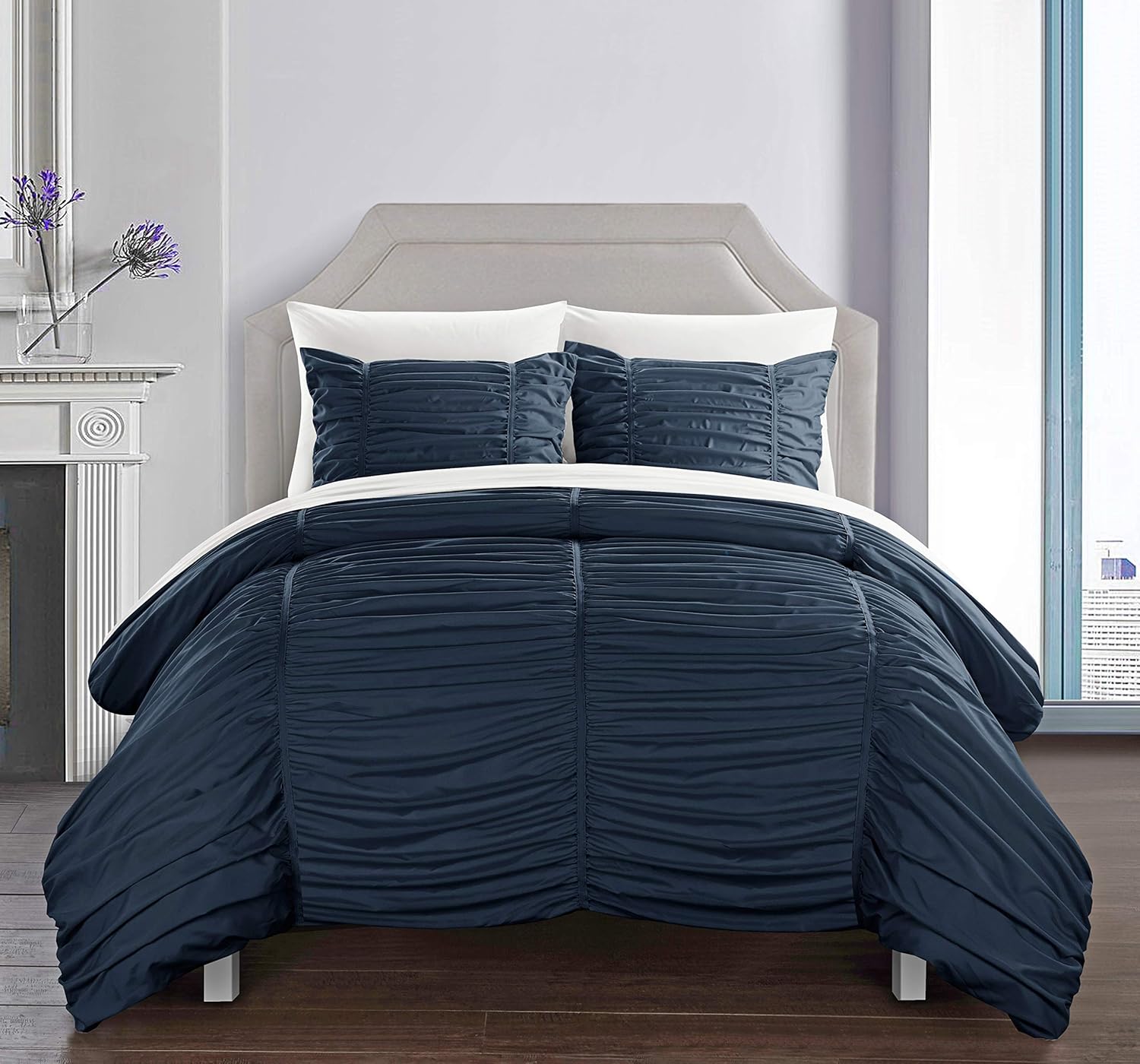 Chic Home Kaiah 3 Piece Comforter Set Contemporary Striped Ruched Ruffled Design Bedding - Decorative Pillow Shams Included, King Navy