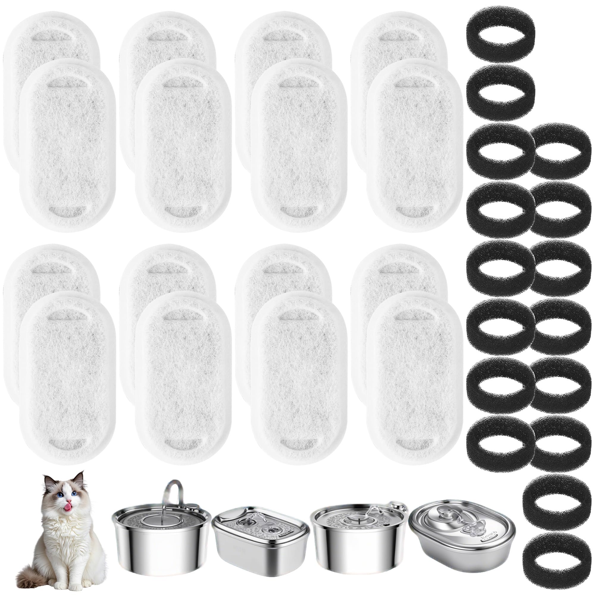 Filtri fontanella per gatti, 32 pezzi ricambio Filtro fontanella per gatti 16 Filtri fontana gatto al carbone e 16 spugna, filtri ad alta efficienza per fontanelle in acciaio inox da 2L/3,2L/4L