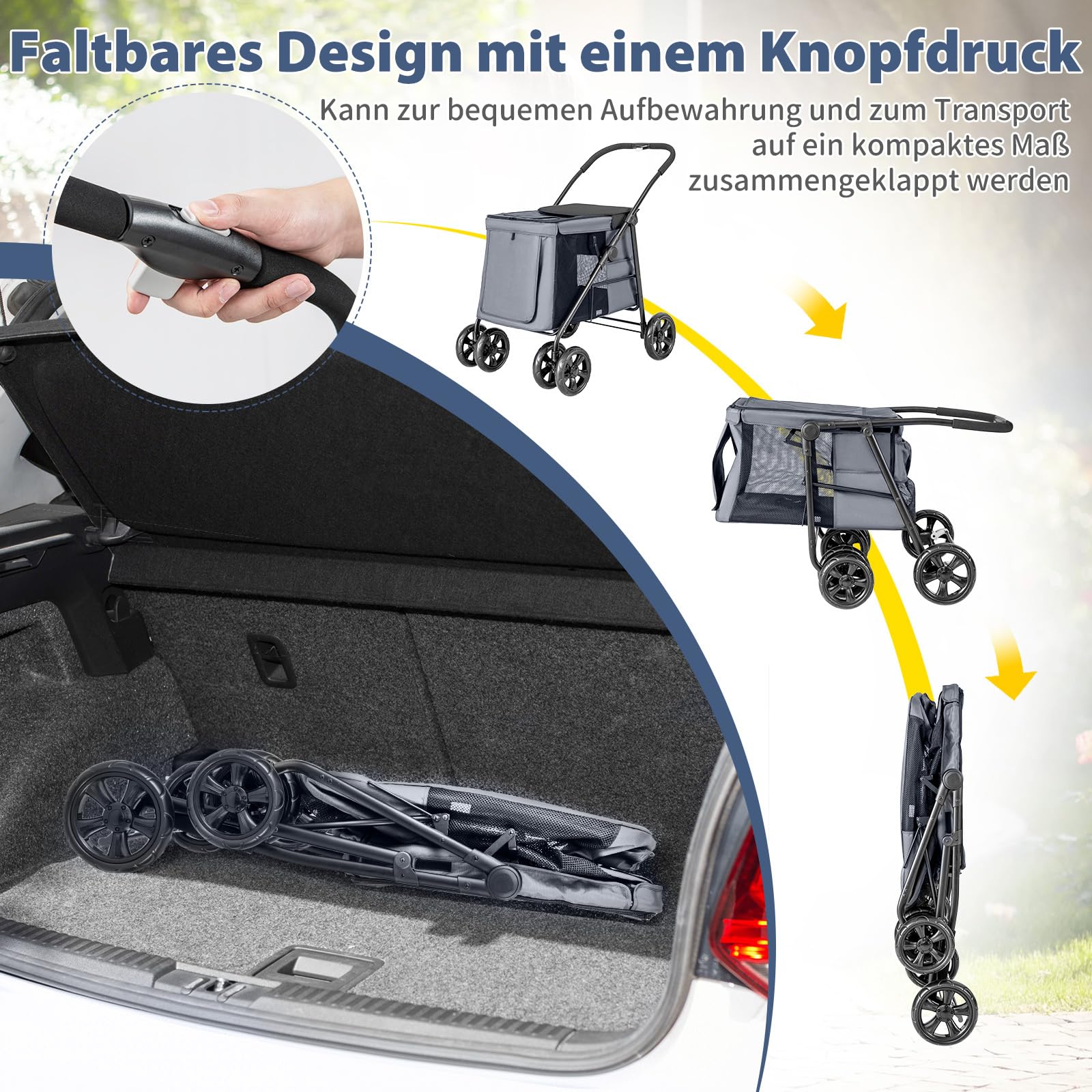 COSTWAY Hundewagen, Hundebuggy klappbar, bis 40 kg, Hundetrolley mit Kissen, Haustierwagen mit Netzfenstern & oberem Ablagefach & 2 Türen & Seitentaschen, Haustiere Buggy für Hunde Katzen (Grau)