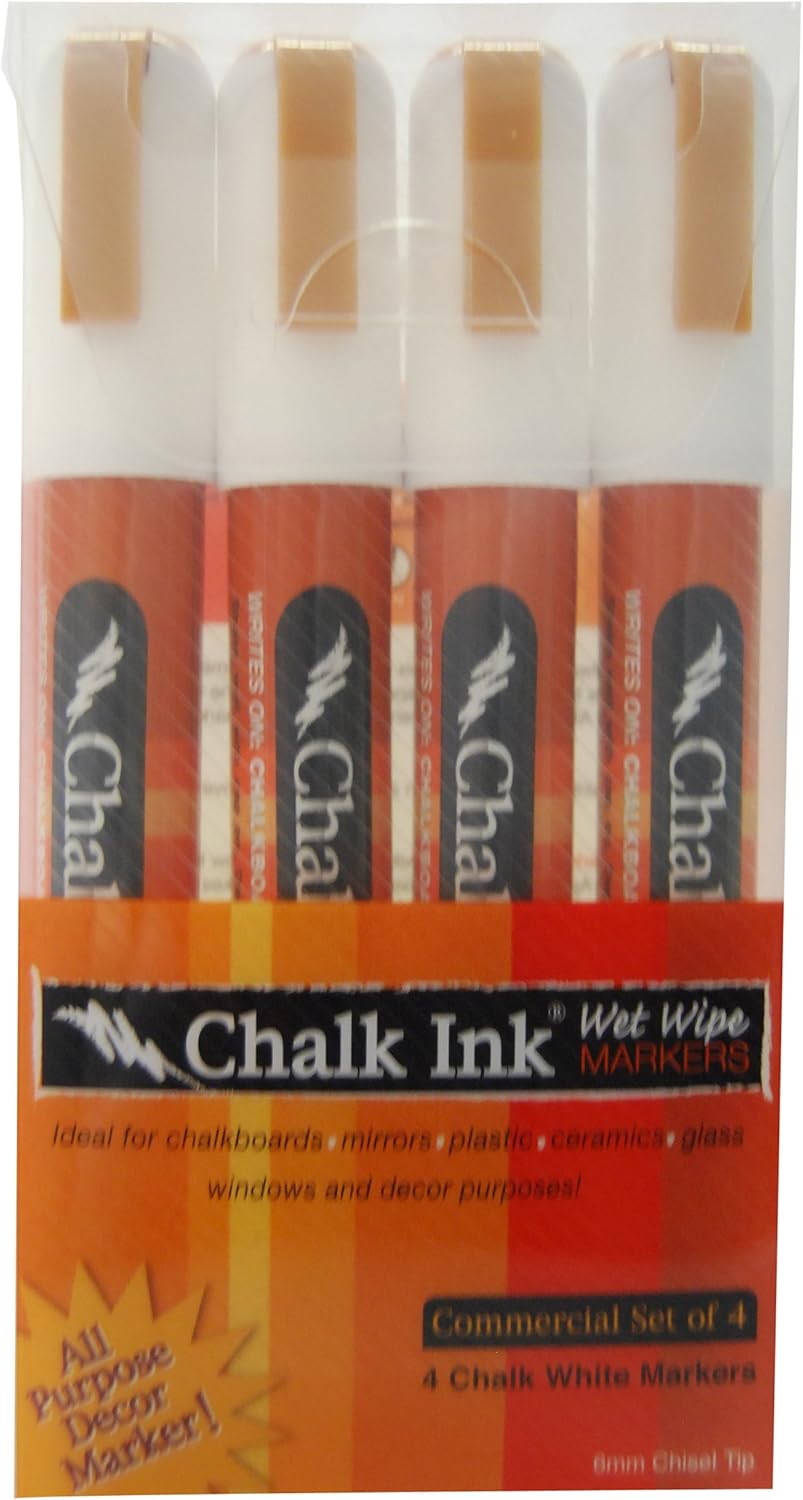 Chalk Ink 6mm Commercial Wet Wipe Markers, 4Pack, White