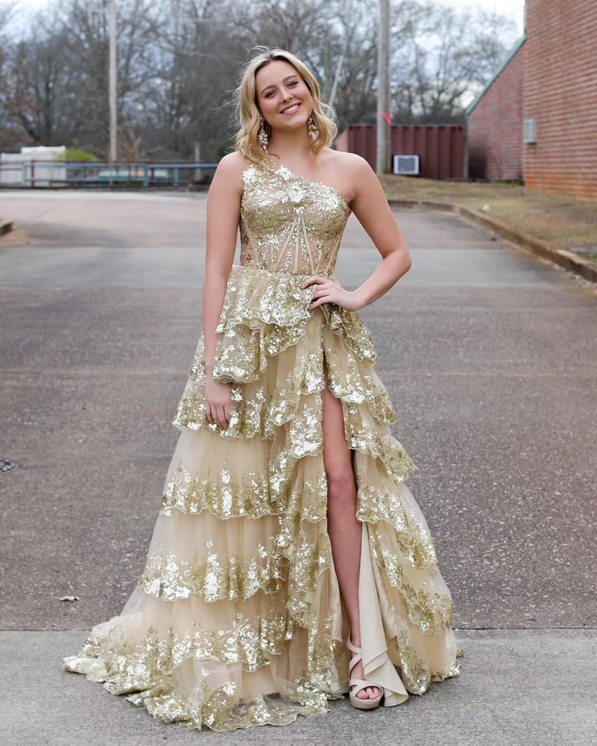 Cudiew One Shoulder Lace Tulle Tiered Prom Dress Sparkly Sequined Applique Long Maxi Formal Evening Party Gowns