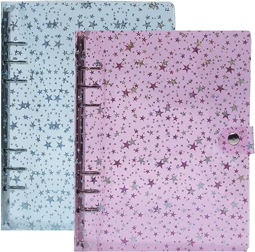 NEWEST Paquete de 2 carpetas de 6 anillos, carpeta A5 con purpurina con cierre de botón a presión, cuaderno de carpetas de hojas sueltas (azul y