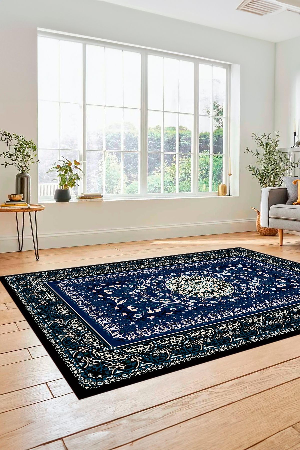 Evdeya Şık Klasik Desen Dijital Kaymaz Taban Yıkanabilir Yolluk Mutfak Salon Halısı KLASİK-14, Mavi, 80 x 200
