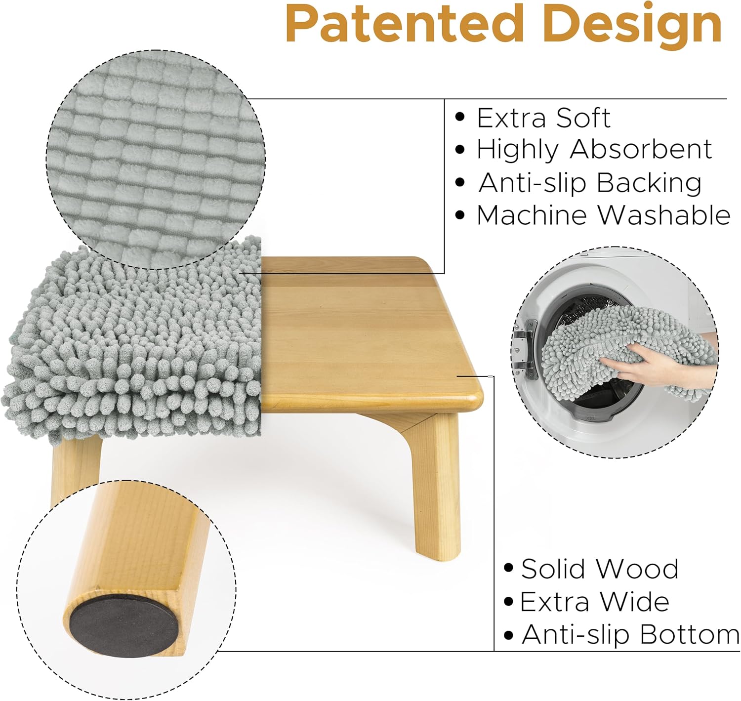 Sunlit One Step Stool with Absorbent Chenille, Stool Holds up to 550 lbs, Non-Slip Natural Wood Color Foot Stool, Wooden Step Stool for Adults, Step Stools for Kids, Bathroom, Light Gray