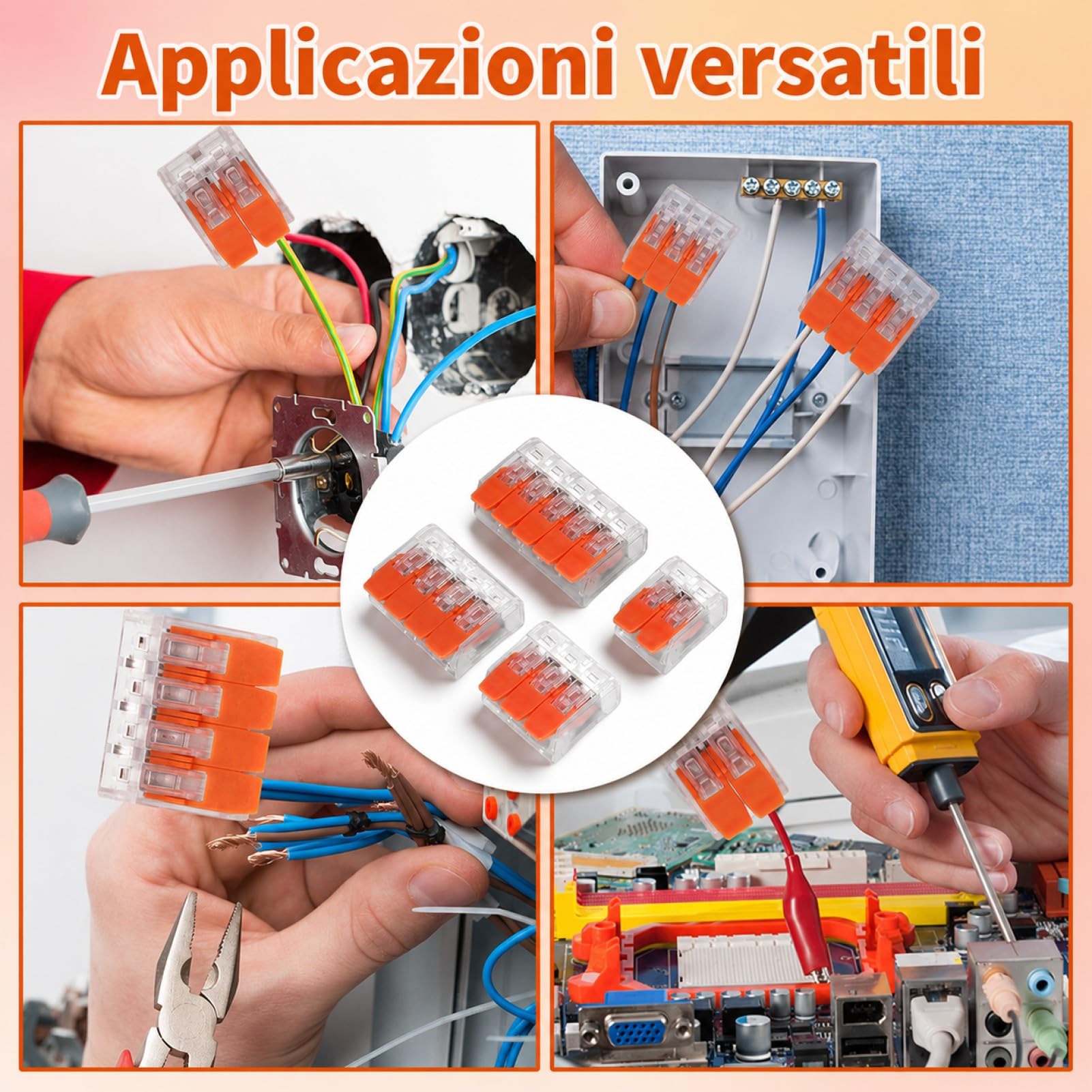 88 Morsetti per cavi elettrici, 2 Poli, 3 Poli, 4 Poli, 5 Poli, Morsetti elettrici con leva di azionamento, Morsetto di collegamento per cavi 0,14 – 4 mm², Morsetto per cavi fissi, 2 – 5 Conduttori