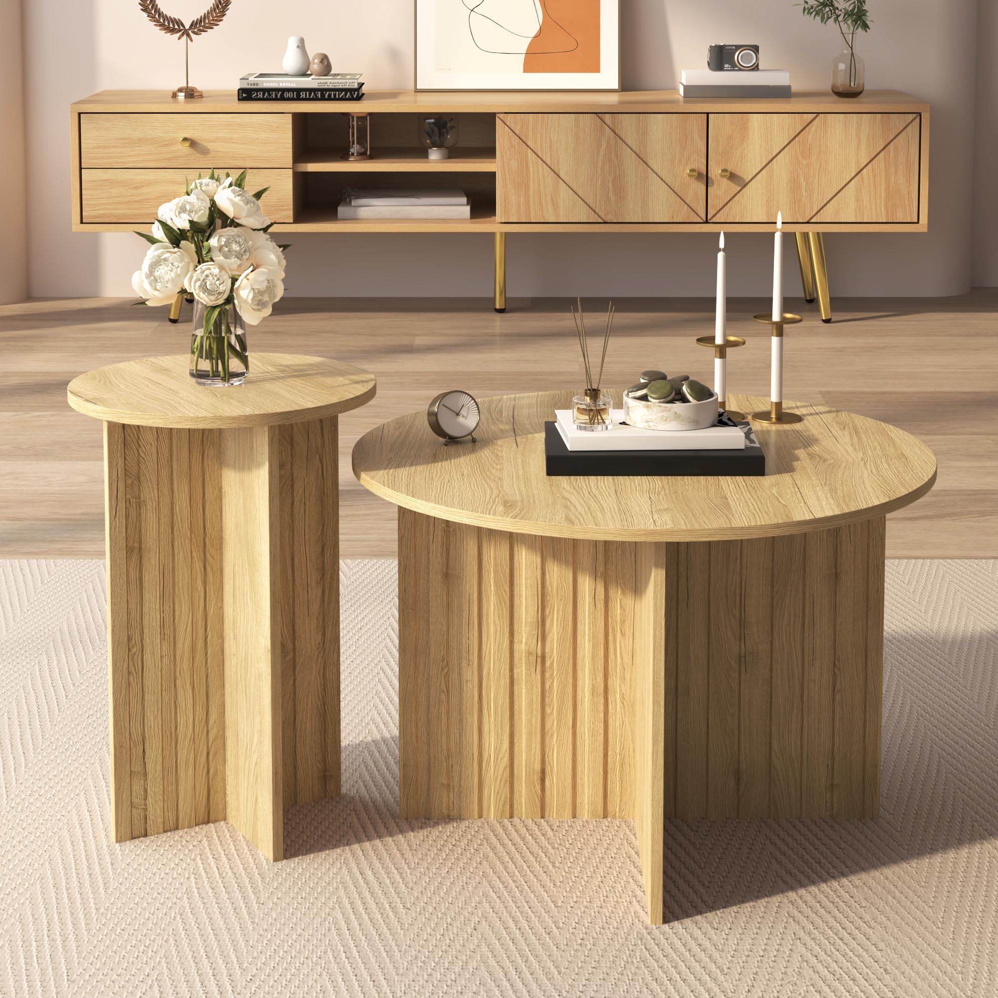 Moderno juego de mesa nido de madera de 2 piezas – Mesas de centro redondas y mesas de café con diseño escandinavo, ahorro de espacio y versátil (natural)
