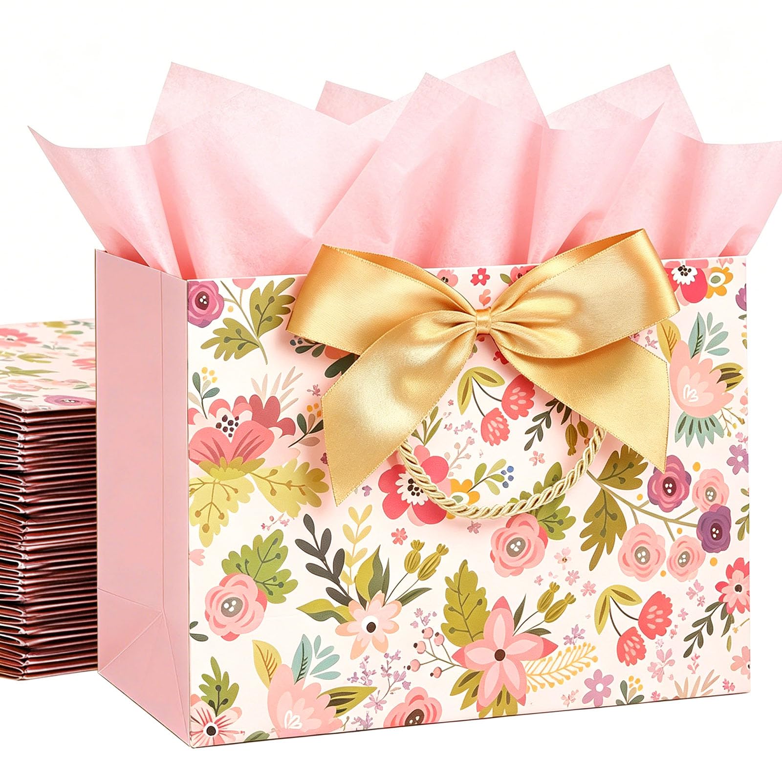 OfficeCastle Large Pink Floral Gift Bags, 4 Pack, 12.6 x 10 x 4.5 Inch — image 1