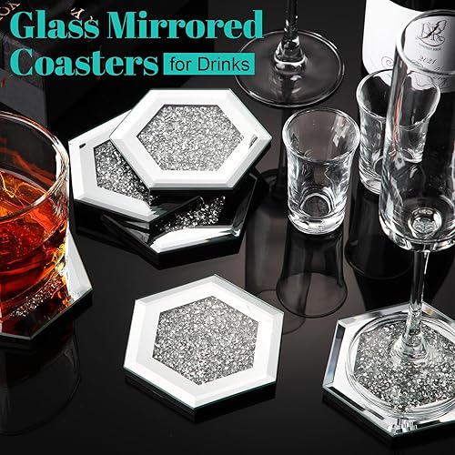 Miniatura 5 de 12 posavasos de cristal con espejo para bebidas, 4 pulgadas, purpurina triturada, con diamantes, para decoración del hogar, cocina, cafetería, bar,