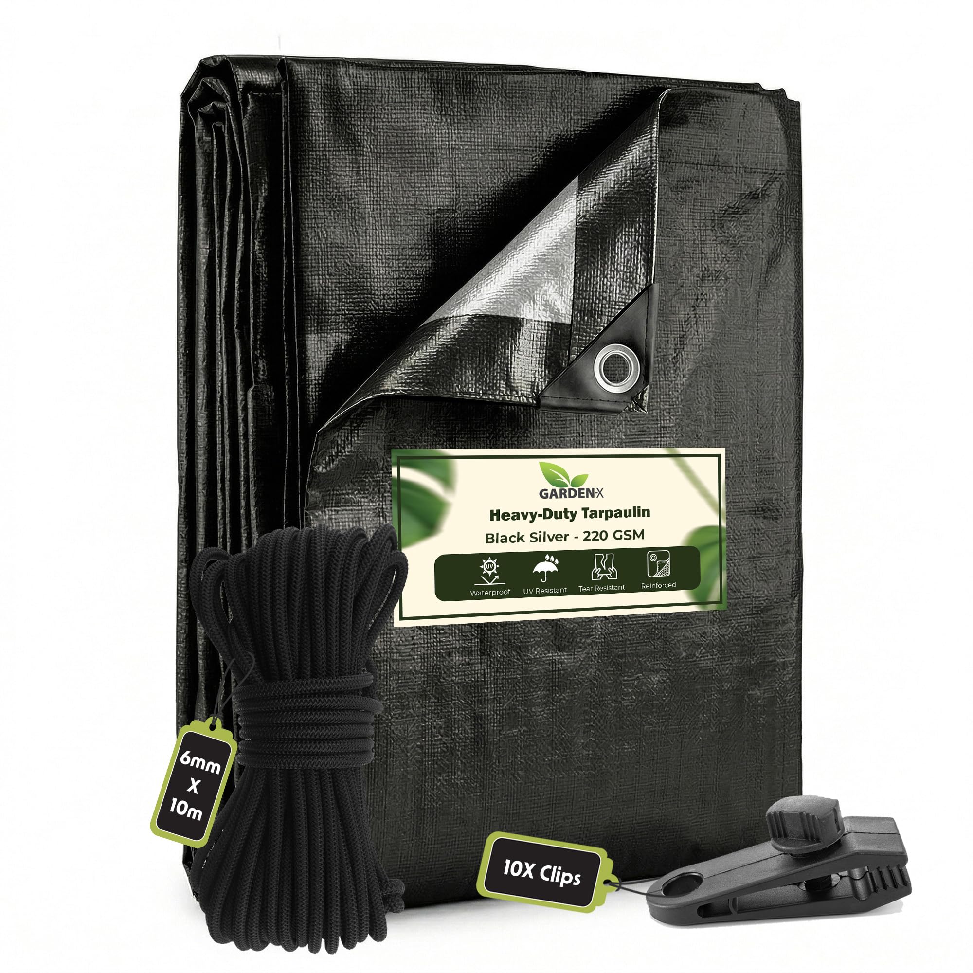 GARDENIX 2m x 4m Black Heavy Duty 220gsm- eyelets every 50 cm Tarpaulin Waterproof Tarp Sheet Cover, Groundsheet Reinforced + 10m of 6mm Bungee Rope + 10 x Screw Type Tarp Clips