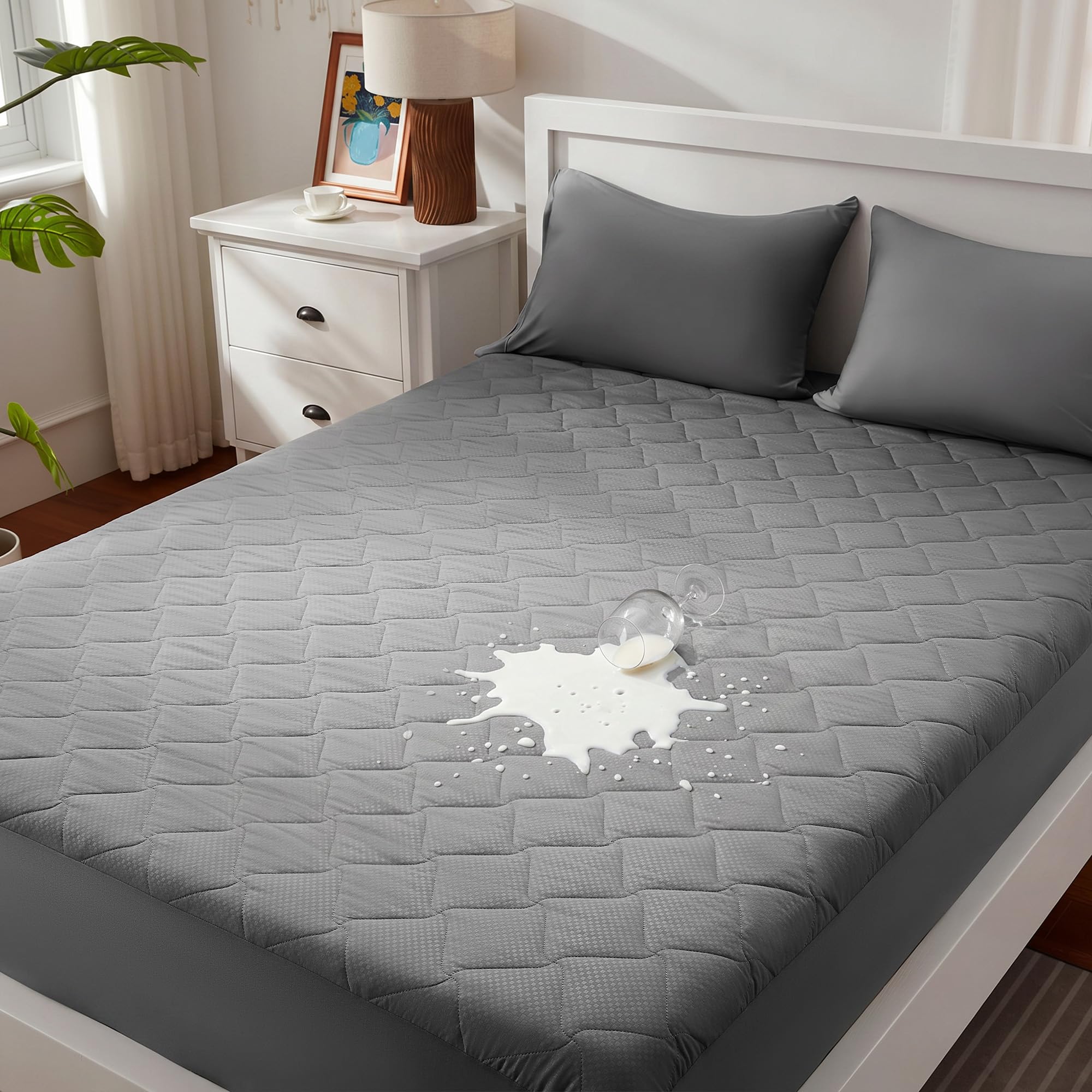 SONIVE Single thin Mattress Topper 90x190 cm,Waterproof Mattress Protector,Breathable Mattress Pad Stretches up to 38 CM, Deep Fitted Mattress Cover,Grey