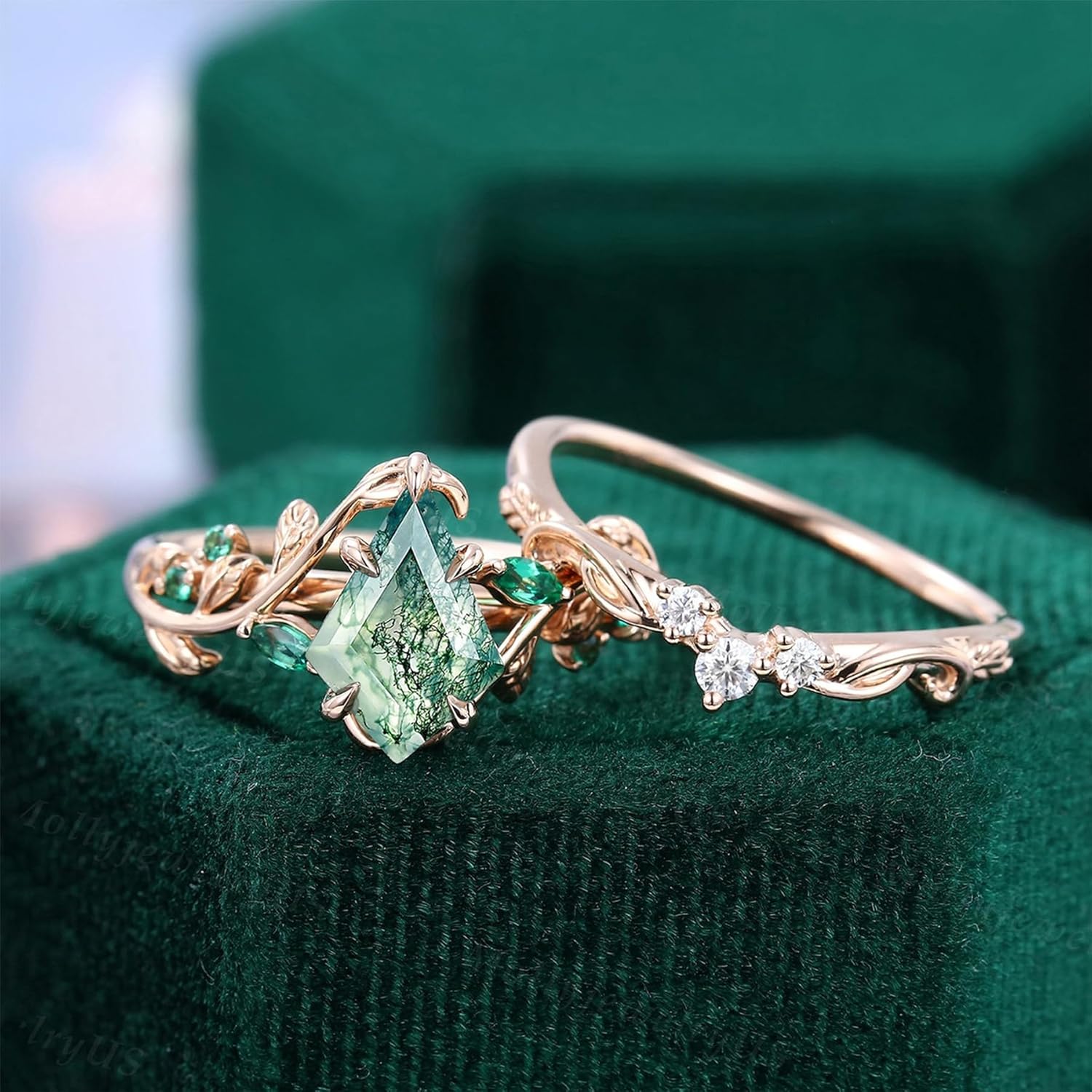 High-grade Nature Moss Agate Engagement Ring Sets for Women Art Deco Cluster Moss Agate Bridal Ring S925 Silver 10K 14K 18K Gold Vintage Inspired Promise Wedding Band - Image 3