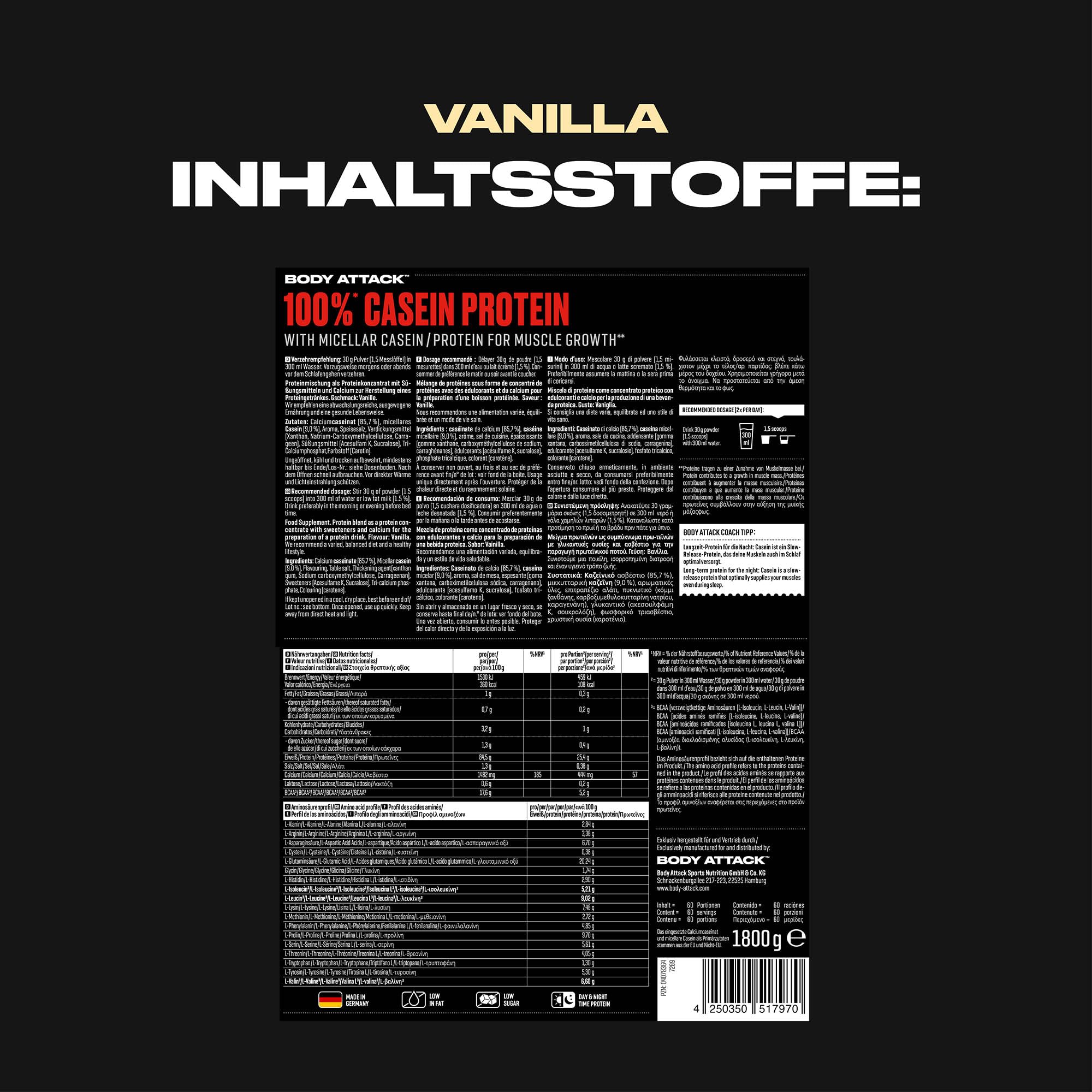 Body Attack 100% CASEIN PROTEIN - Vanilla Cream, 1,8 kg - Hochwertiges Protein Pulver für Muskelaufbau Training -langanhaltende Eiweiß Versorgung-ideale Ergänzung zu Whey Protein