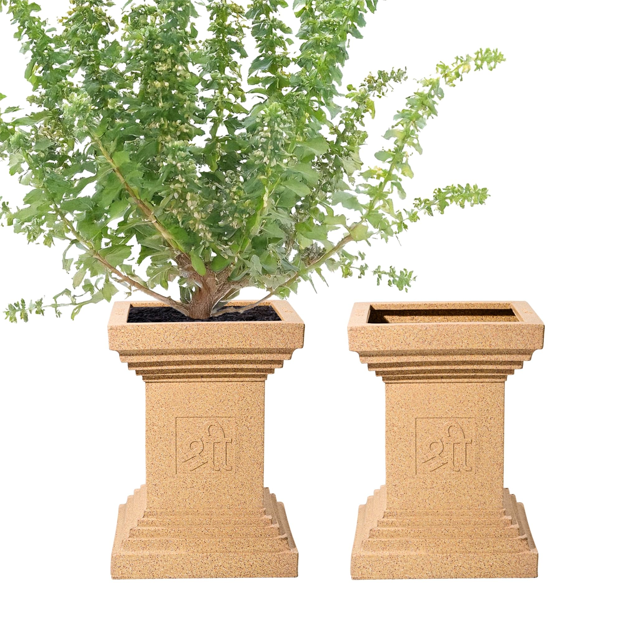 Kuber Industries 2 Pcs Roto Mould German Polymer 16-Inch Extra Large Big Size Tulsi Flower Pot | Indoor/Outdoor Tree Gamla Planter for Resorts, Hotels, Terrace & Garden | Marble Tulsi - Sand