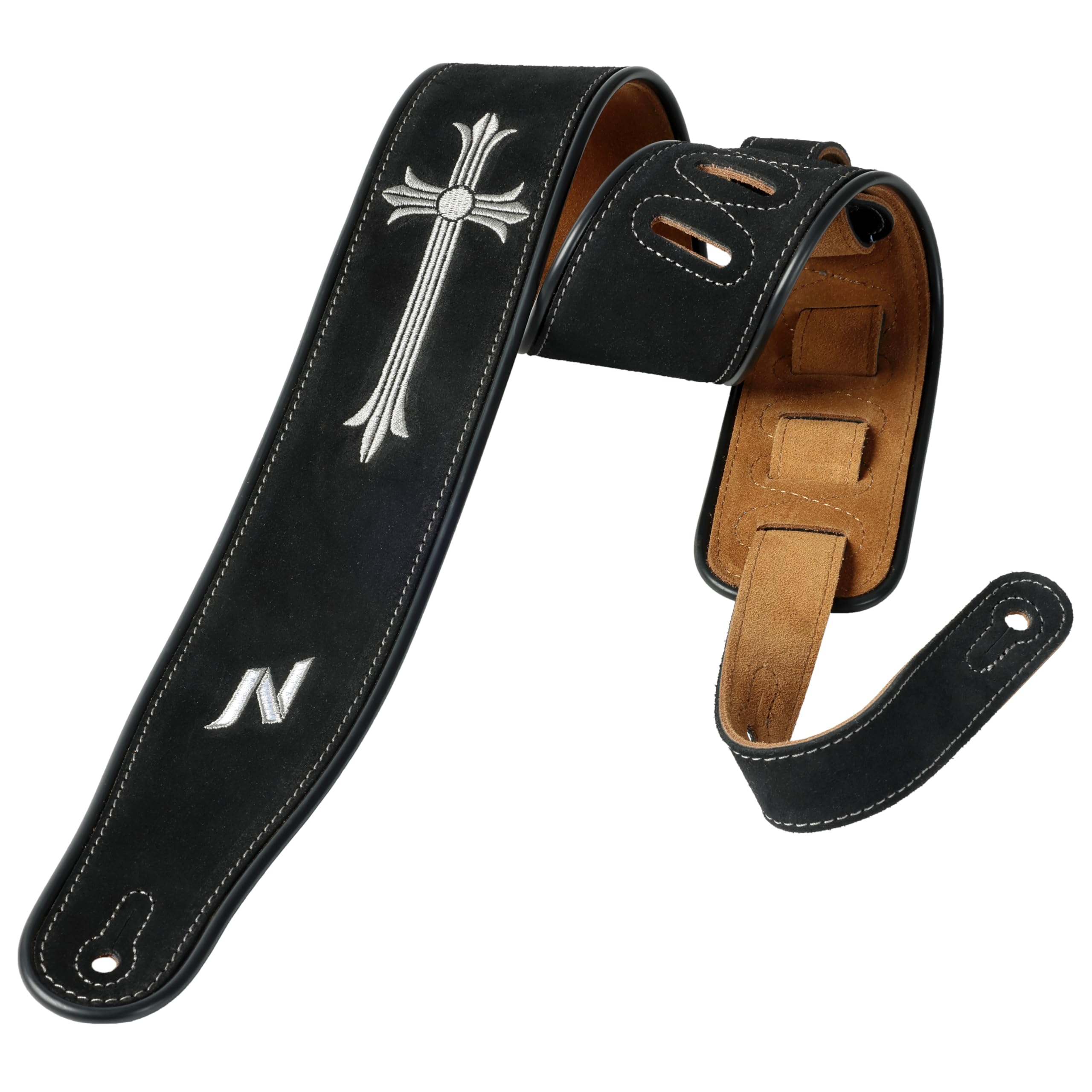 Nefelibata Guitar Strap with Crucifixion Embroidery, 2.7" Wide Double Layer Bavarian Tumbled Cowhide Guitar Strap with Foam Padding for Kids, Male and Female, Acoustic, Bass and Electric Guitars