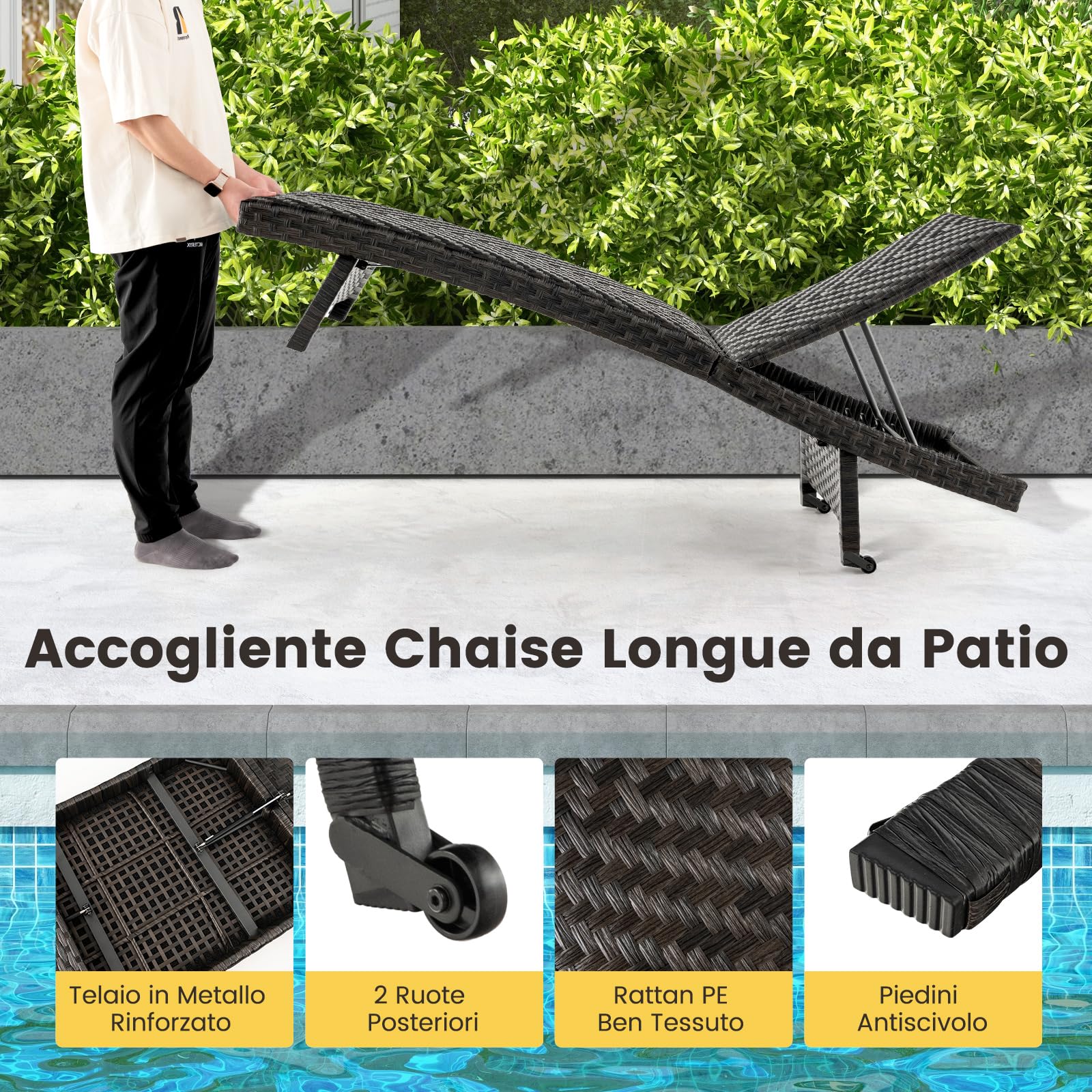 COSTWAY Lettino Prendisole in Rattan PE, Sdraio da Giardino Pieghevole con Schienale Regolabile, Schiuma ad Asciugatura Rapida e Due Ruote, Portata 150 kg, per Balcone Piscina