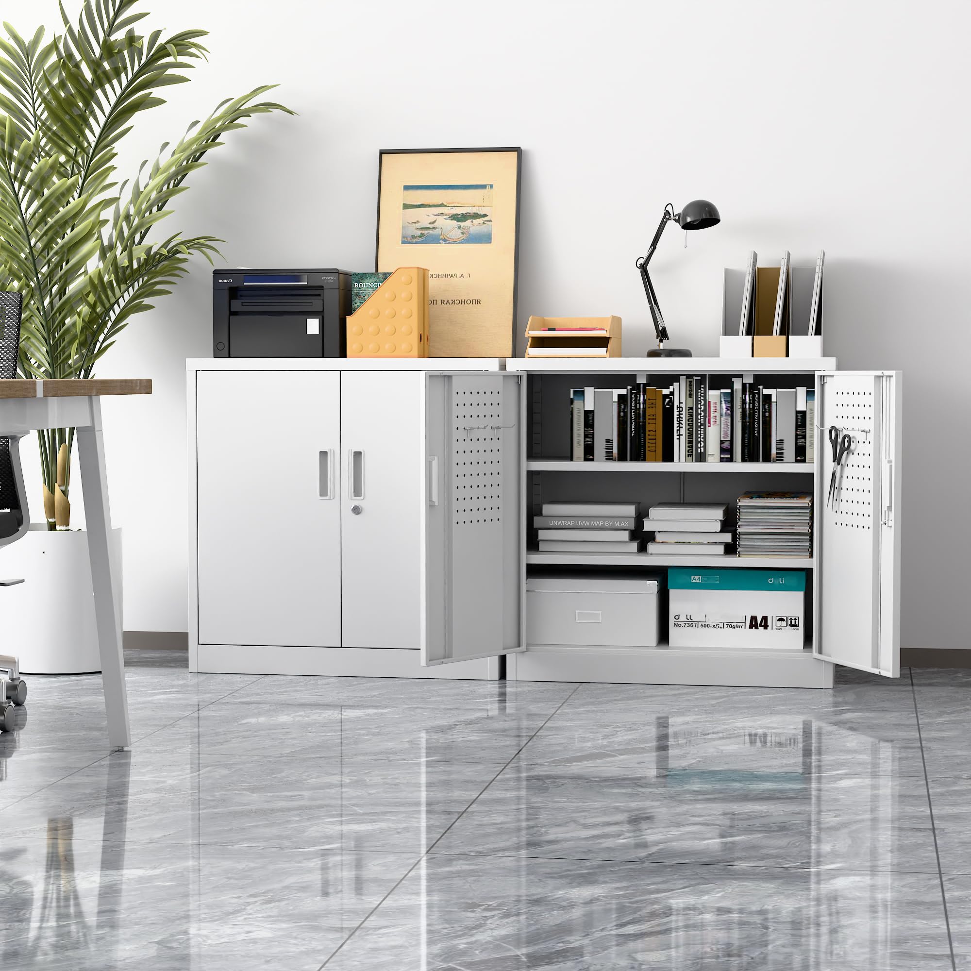 Armoire métallique avec panneau perforé et crochets, 80 cm de haut, 2 étagères réglables, Convient pour la maison, le bureau, la garage, l'école, À assembler soi-même, Blanc