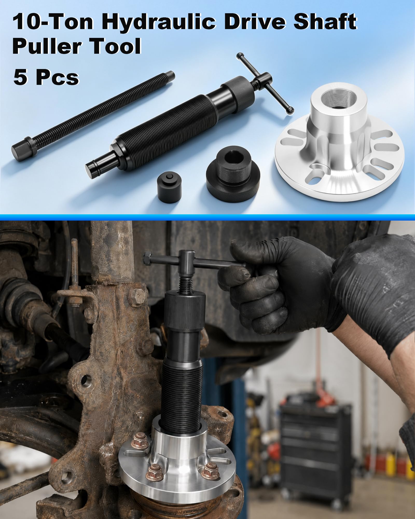 10T Hydraulischer Radnaben Abzieher Profi-Set, Universell für 4/5-Loch Felgen (96-125mm), Antriebswellen Ausdrücker mit manueller Hydraulikpumpe