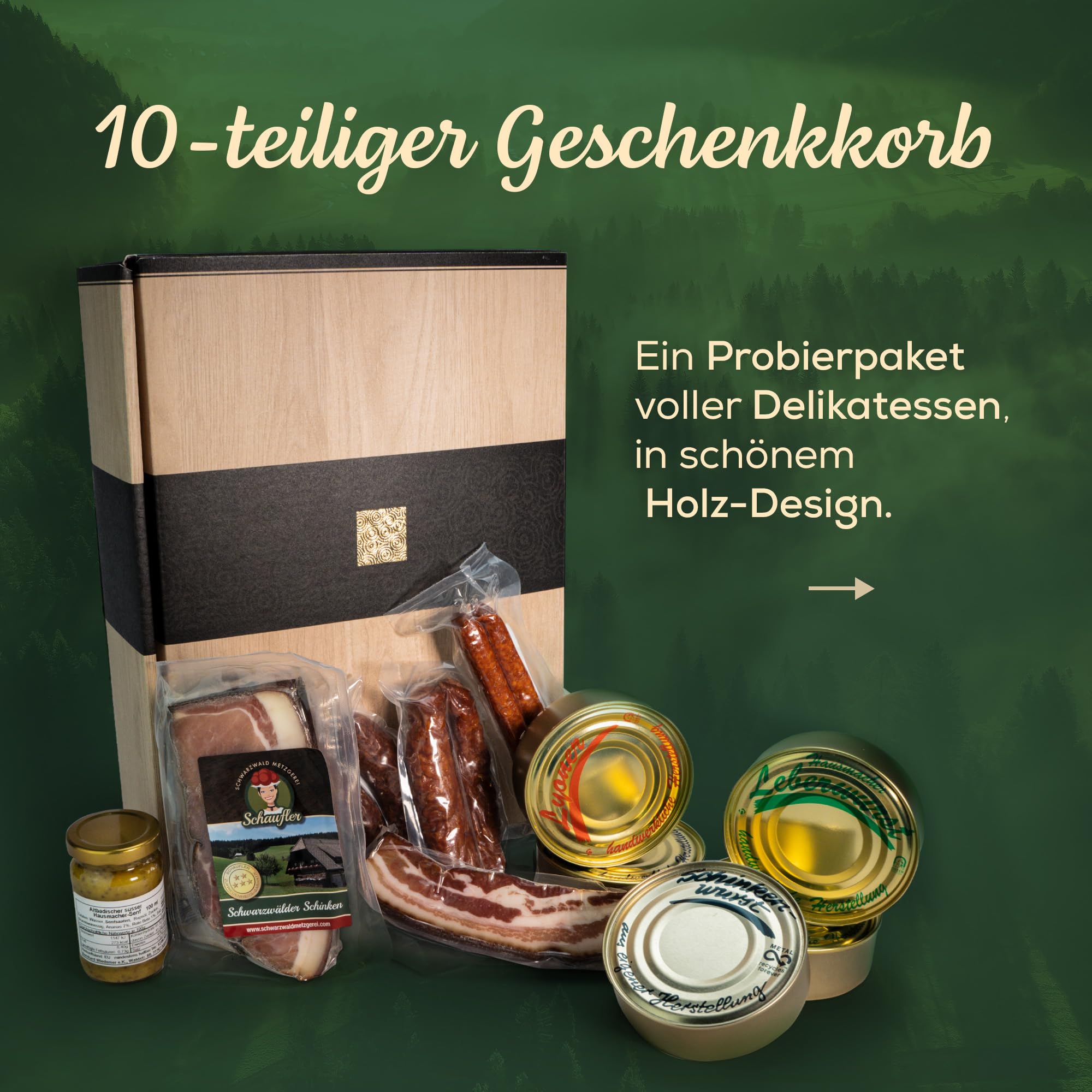 Schwarzwald Metzgerei Geschenkset Dosenwurst 10-teilig Wurstspezialitäten Altbadischer Senf Schinken Speck