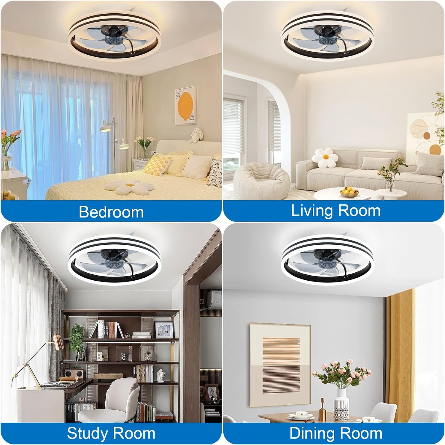 Ralbay Ceiling Fans with Lights and Remote, 20" Modern Dimmable LED Black Ceiling Fan, 6 Wind Speeds Smart Low Profile Flush Mount Ceiling Fans for Bedroom